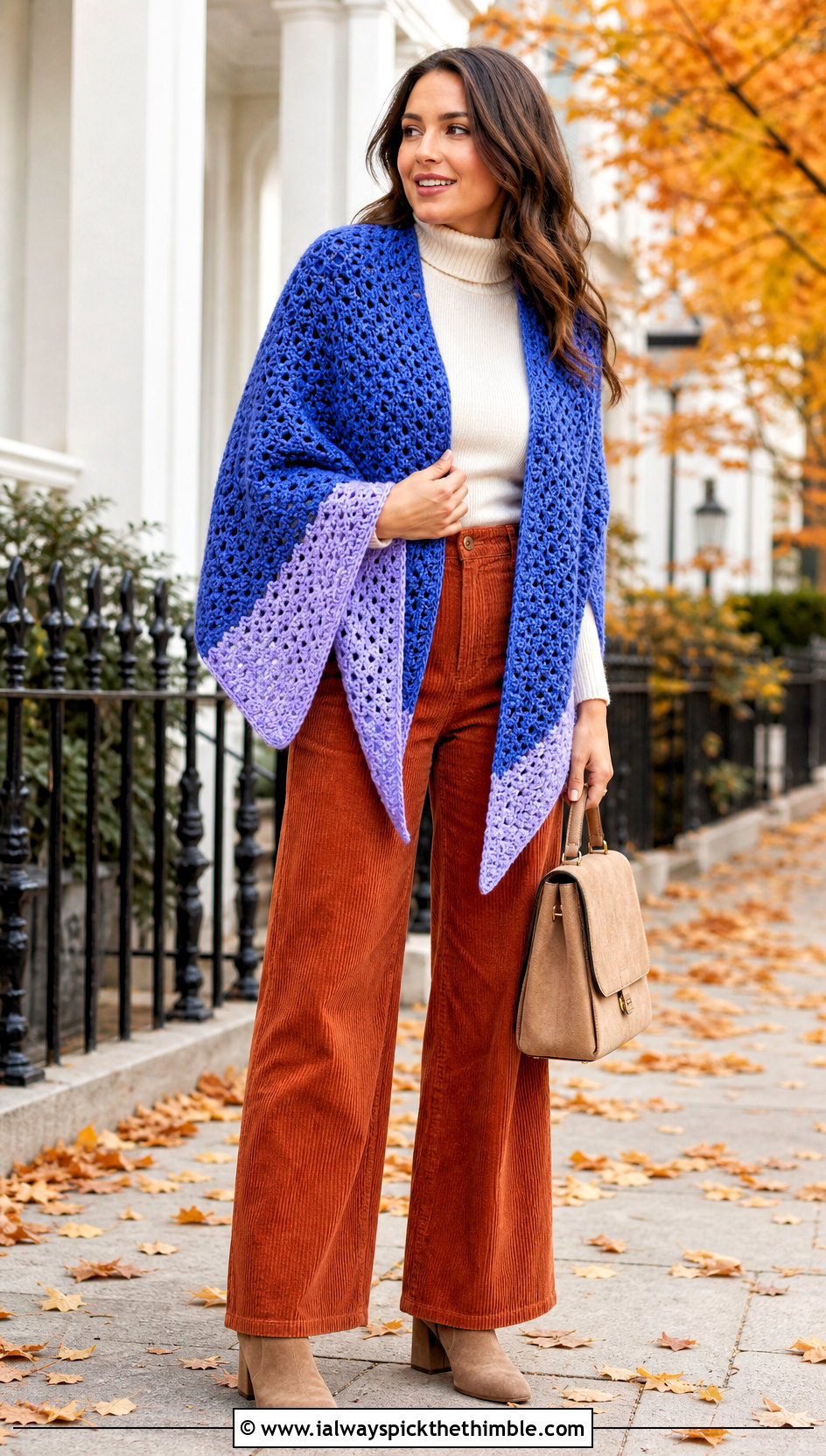Reversible V Stitch Crochet Shawl With Corduroy Trousers - 20 V Stitch Crochet Shawl outfit ideas