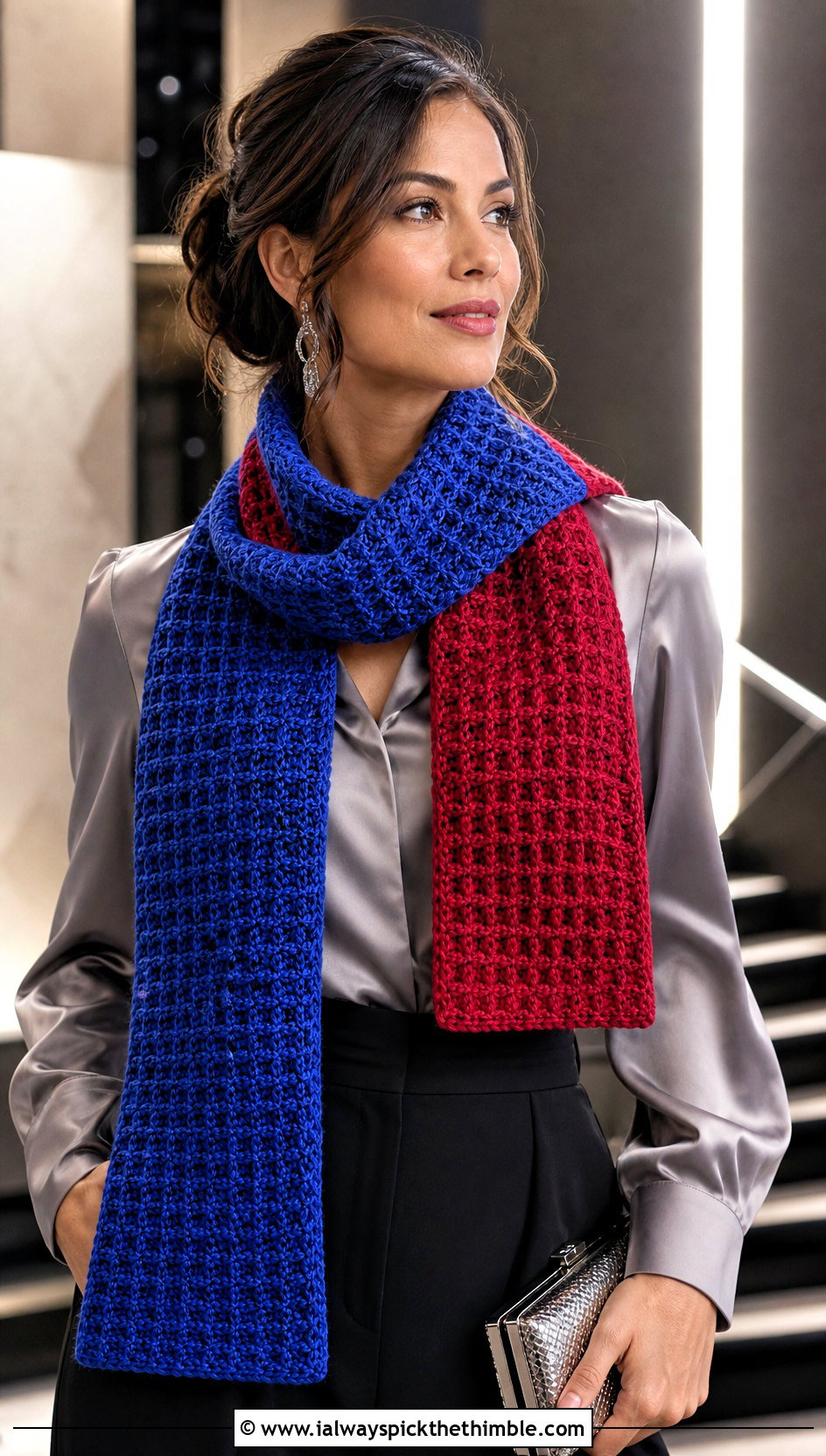 Reversible Waffle Crochet Scarf With Satin Blouse And Trousers - 20 Waffle Crochet Scarf outfit ideas