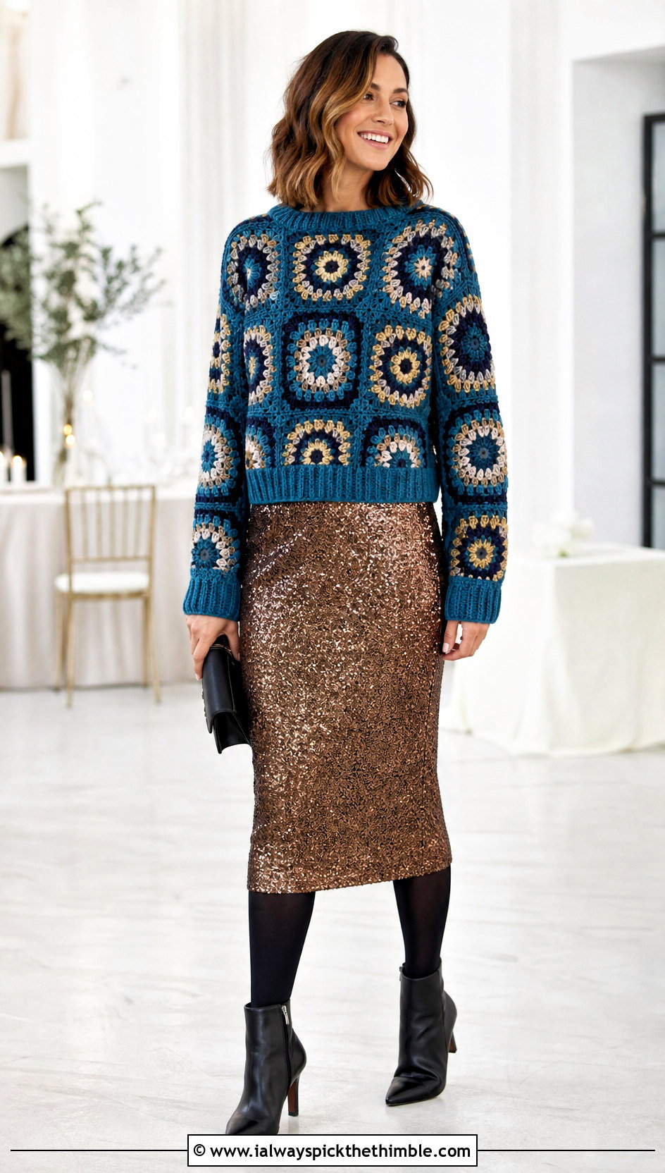 Rib Trim Big Granny Square Pullover With Sequin Skirt - 25 big granny square sweater outfit ideas