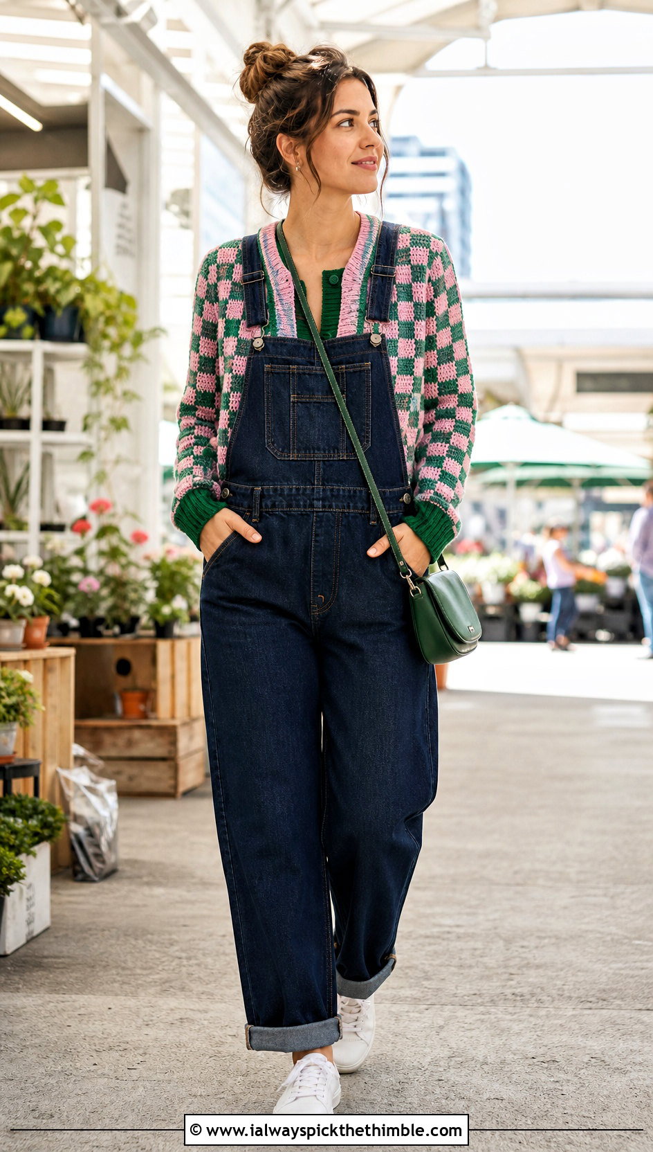 Rib Trim Crochet Checkered Cardigan With Denim Overalls - 25 crochet checkered cardigan outfit ideas