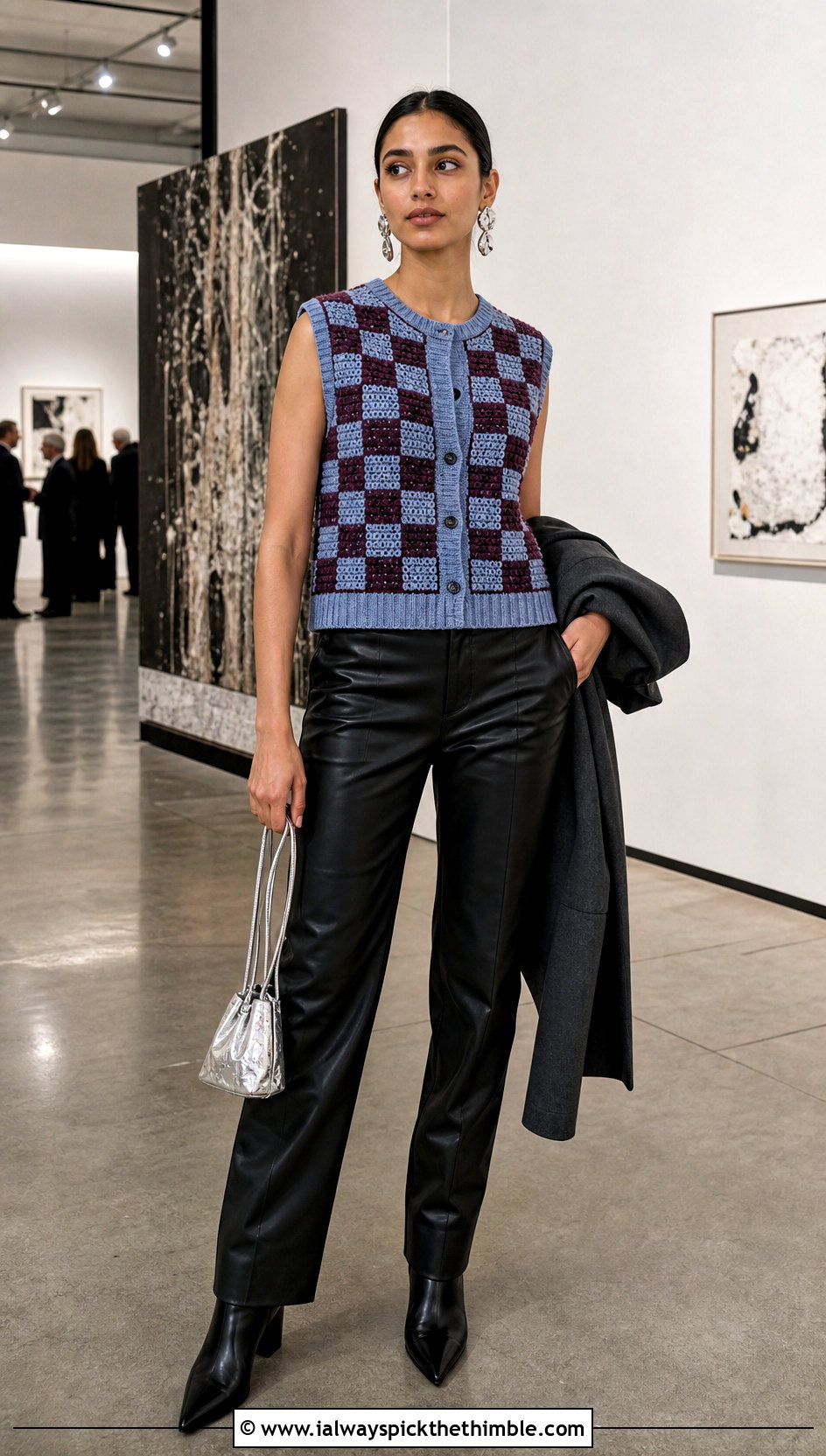 Rib Trim Crochet Checkered Vest With Leather Pants - 15 Crochet Checkered Vest outfit ideas
