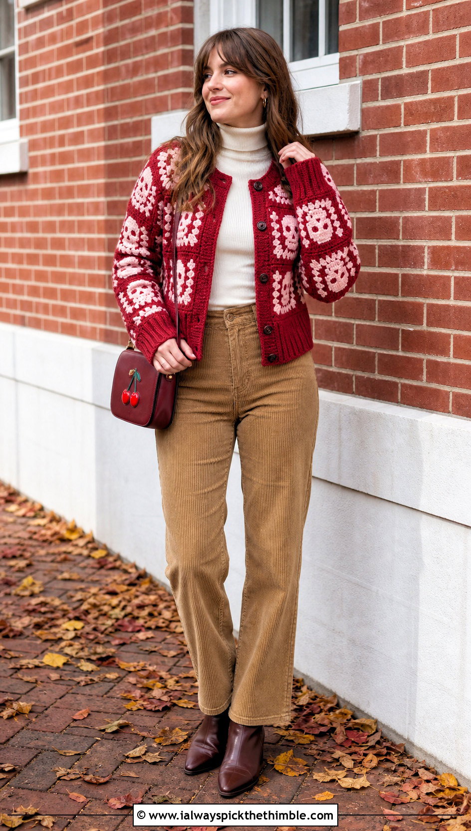 Rib Trim Crochet Skull Granny Square Cardigan With Corduroy Pants - 20 crochet skull granny square cardigan outfit ideas