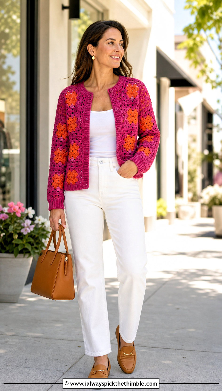 Rib Trim Crochet Star Granny Square Cardigan With White Jeans - 20 Crochet Star Granny Square Cardigan outfit ideas