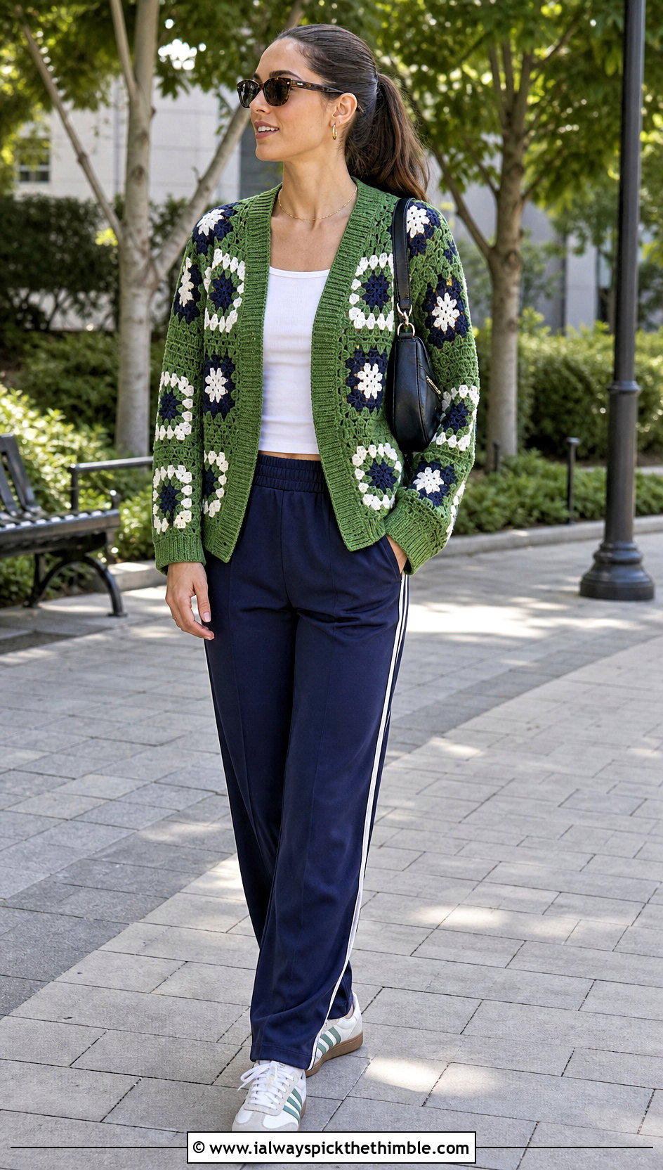 Rib Trim Granny Square Cardigan With Track Pants - 20 boho granny square cardigan outfit ideas