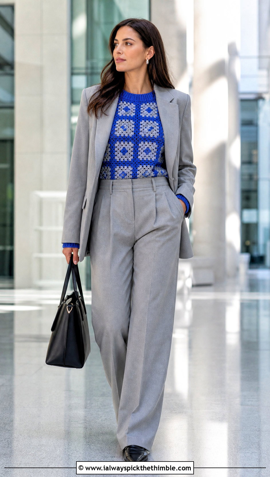Rib Trim Granny Square Crochet Long Sleeve Top With A Suit - 20 Granny Square Crochet Long Sleeve Top outfit ideas