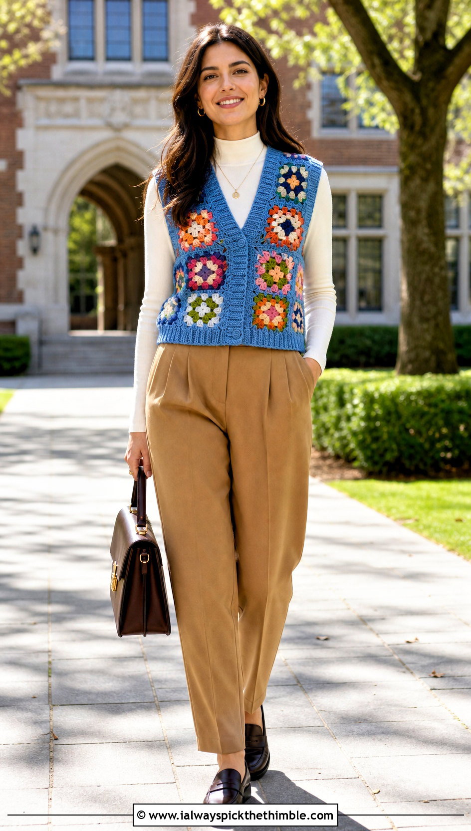 Rib Trim Granny Square Crochet Vest With Pleated Trousers - 20 Granny Square Crochet Vest outfit ideas