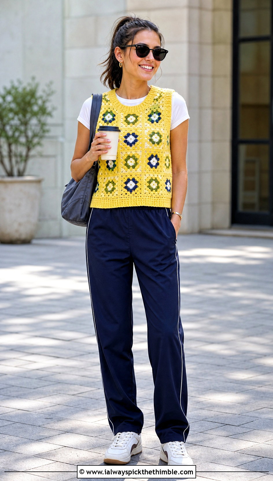 Rib Trim Granny Square Sweater Vest With Track Pants - 15 Crochet Granny Square Sweater Vest outfit ideas