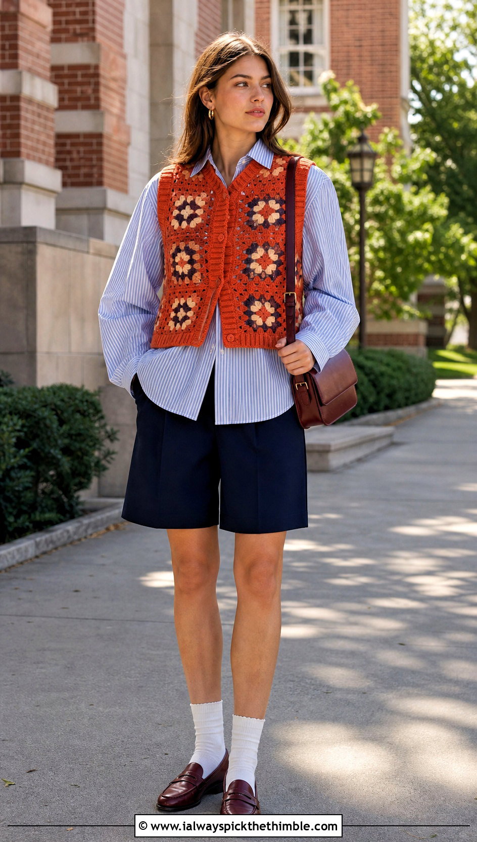 Rib Trim Granny Square Vest With a Button Down and Shorts - 20 Granny Squares Vest outfit ideas