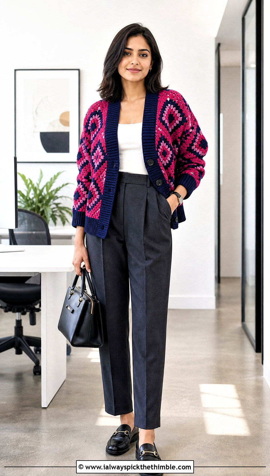 Rib Trim Howl Crochet Cardigan With Pleated Trousers - 20 Howl Crochet Cardigan outfit ideas