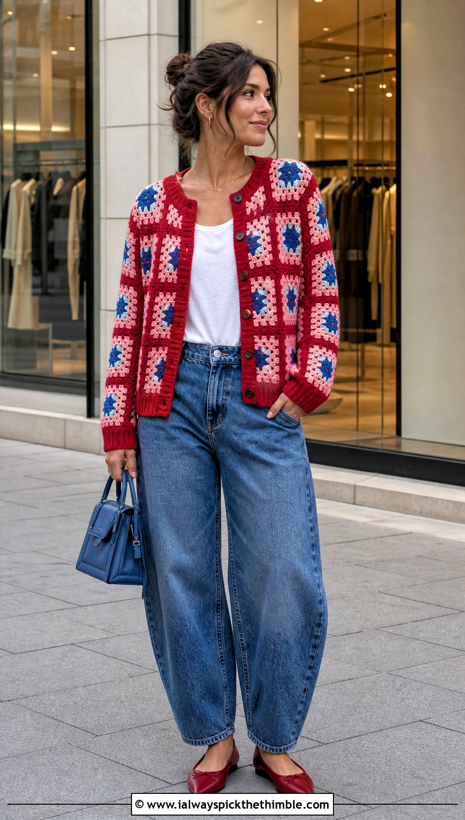 Rib Trim Sunburst Granny Square Cardigan With Barrel Jeans - 25 sunburst granny square cardigan outfit ideas
