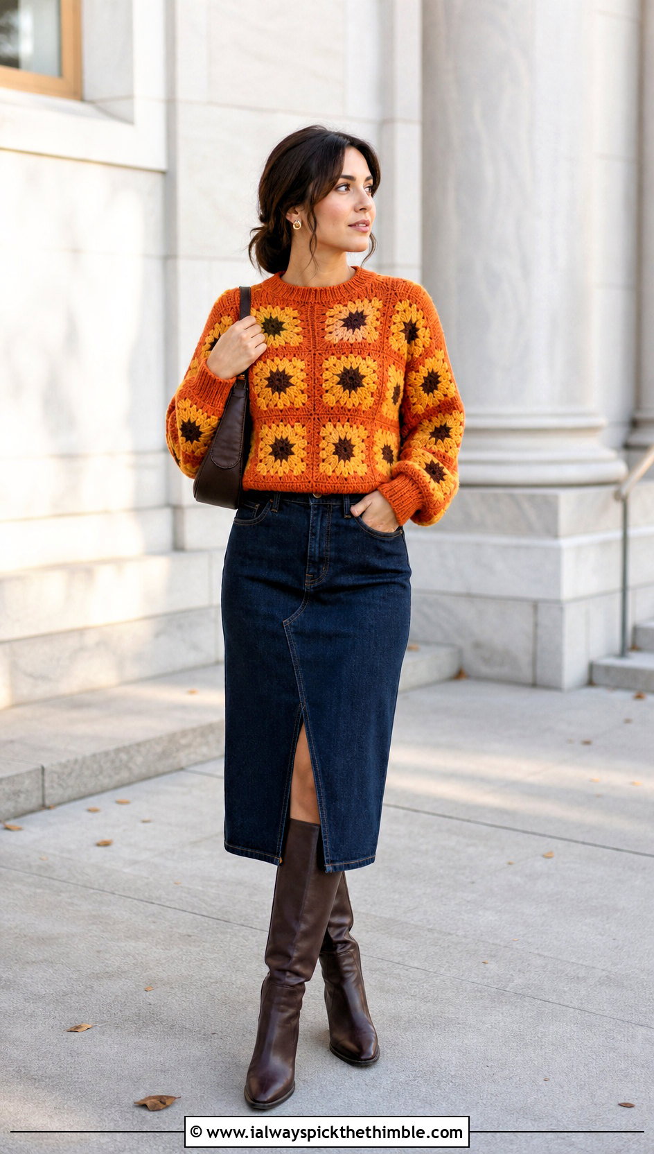 Rib Trim Sunflower Granny Square Pullover Sweater With Denim Midi Skirt - 15 Sunflower Granny Square Pullover Sweater outfit ideas
