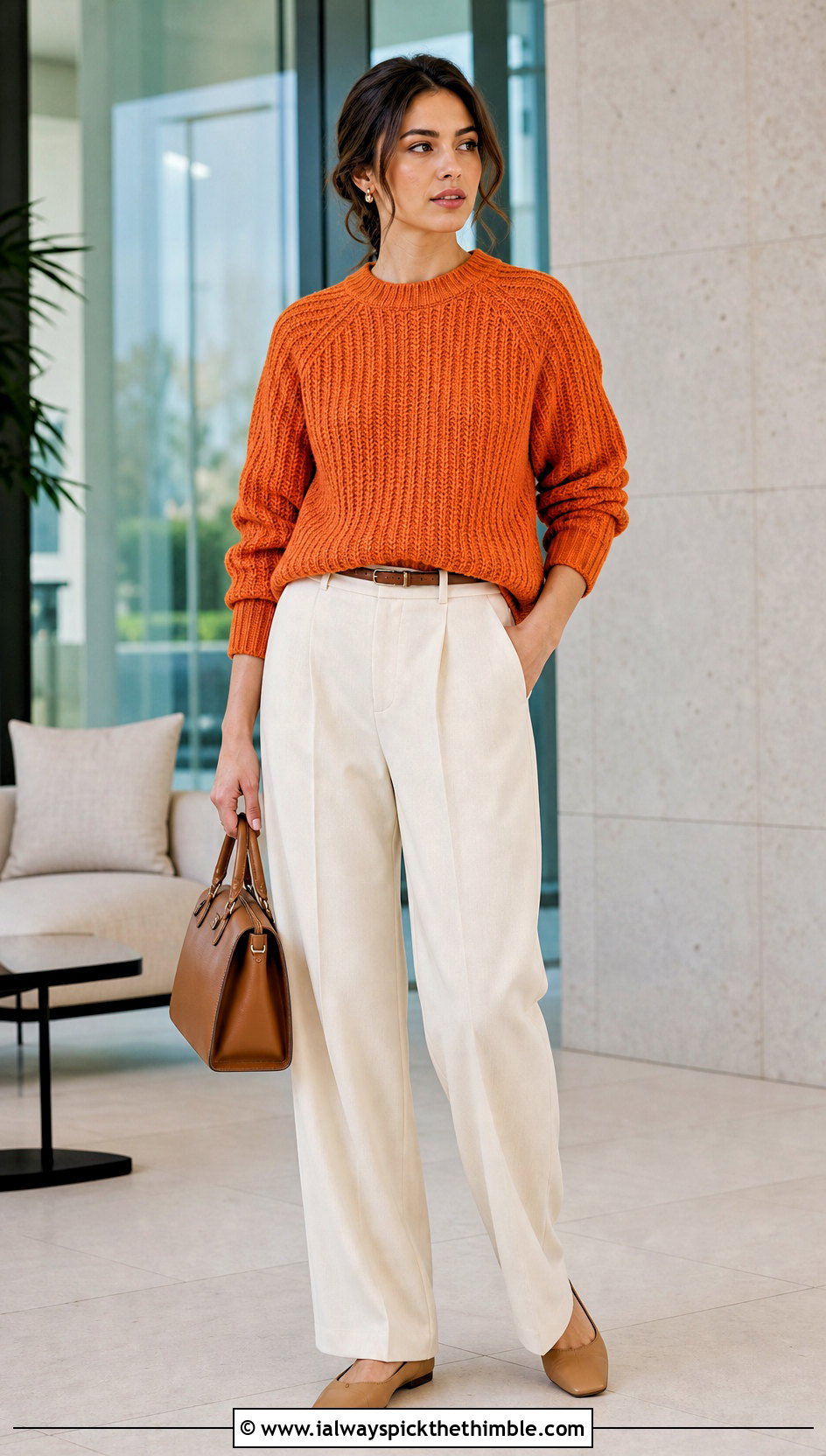 Ribbed Alpine Stitch Sweater With Pleated Trousers - 20 crochet alpine stitch sweater outfit ideas