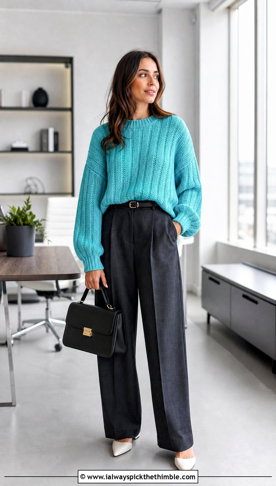 Ribbed Baggy Crochet Sweater With Pleated Trousers - 25 baggy crochet sweater outfit ideas