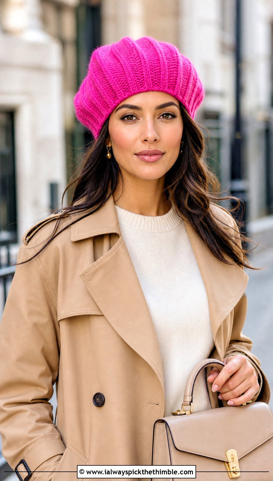 Ribbed Band Crochet Beret Hat With Trench Coat - 20 crochet beret hat outfit ideas
