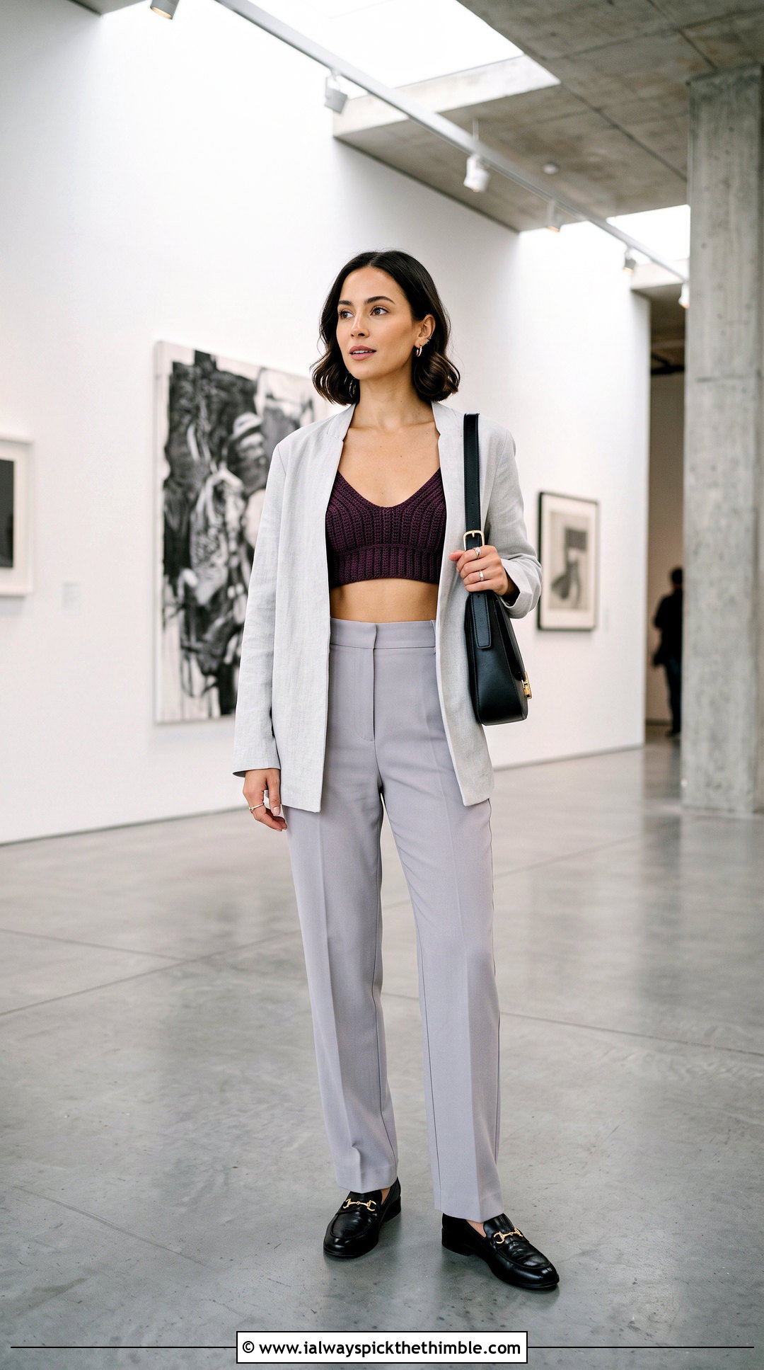 Ribbed Band Crochet Bralette With Straight Leg Trousers - 25 crochet bralette outfit ideas