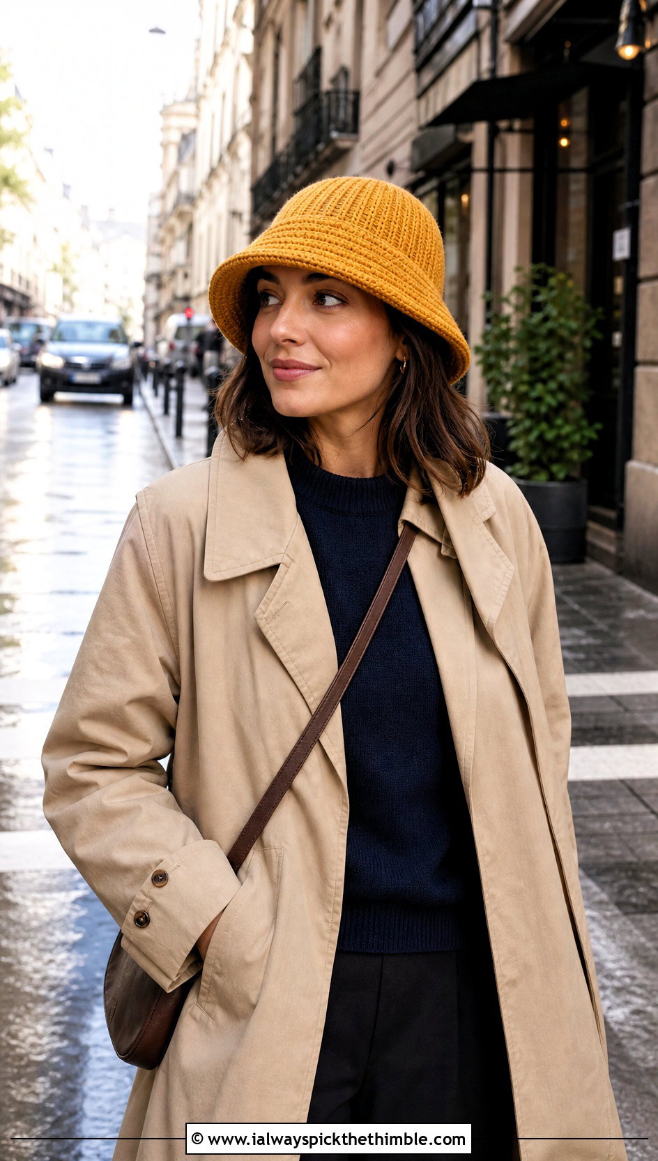 Ribbed Band Double Crochet Bucket Hat With Trench Coat And Loafers - 20 Double Crochet Bucket Hat outfit ideas