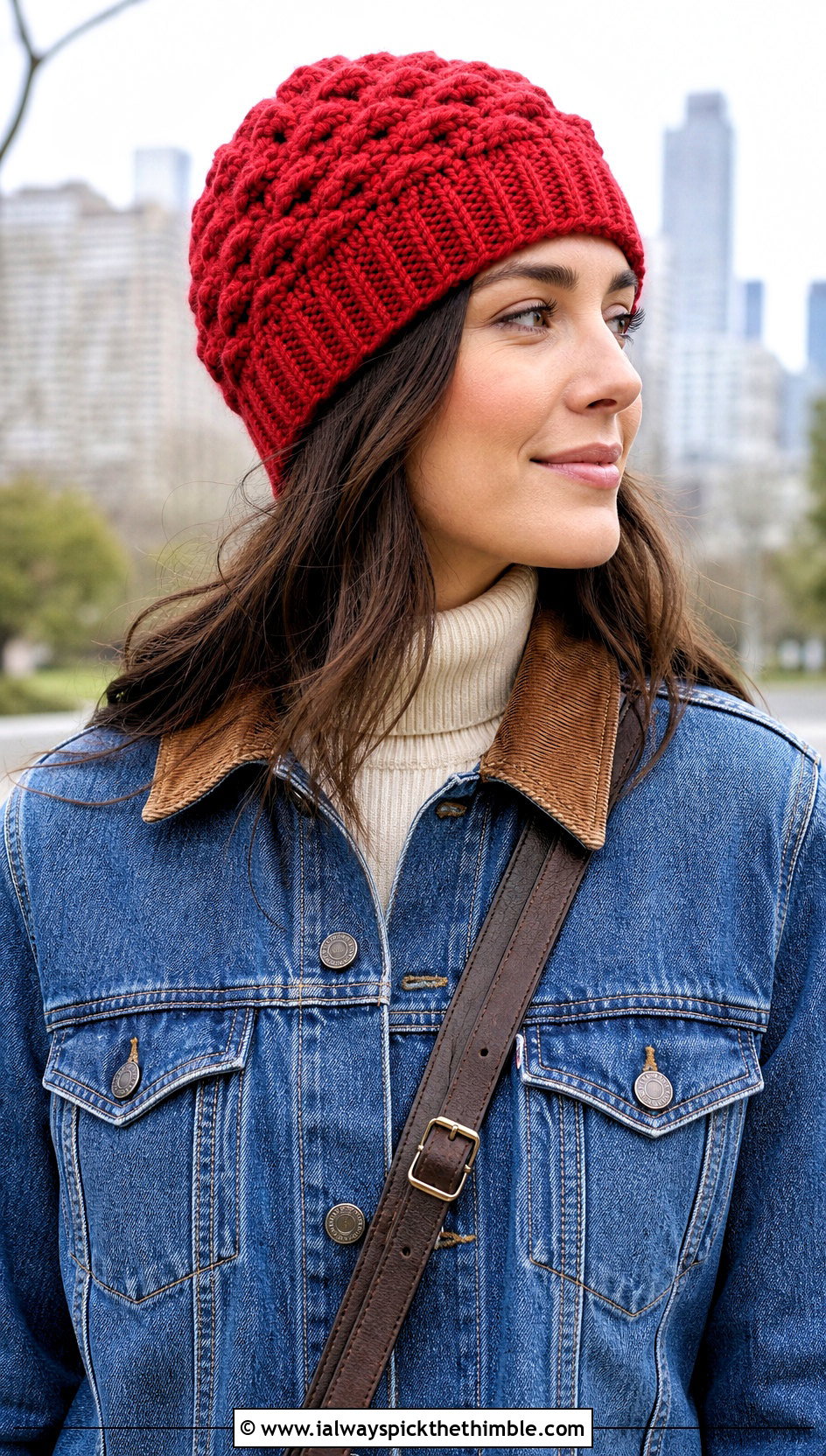 Ribbed Band Snowy Puff Crochet Hat With Denim Jacket - 15 snowy puff crochet hat outfit ideas