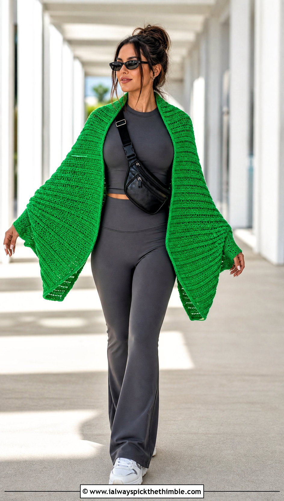 Ribbed Bat Wing Crochet Shawl With Athleisure Set - 20 bat wing crochet shawl outfit ideas