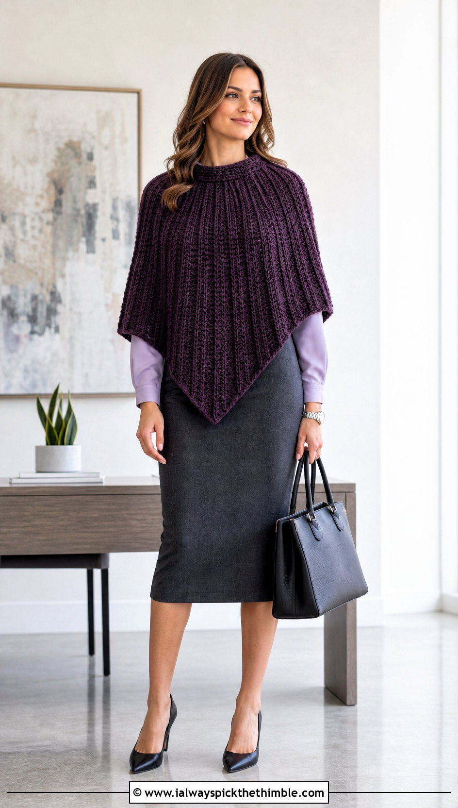 Ribbed Blanket Crochet Poncho With Pencil Skirt - 15 Blanket Crochet Poncho outfit ideas