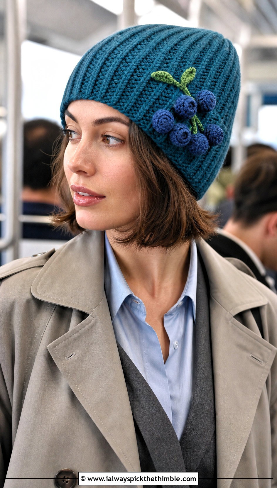 Ribbed Blueberry Crochet Beanie With Trench Coat And Trousers - 25 blueberry crochet hat outfit ideas