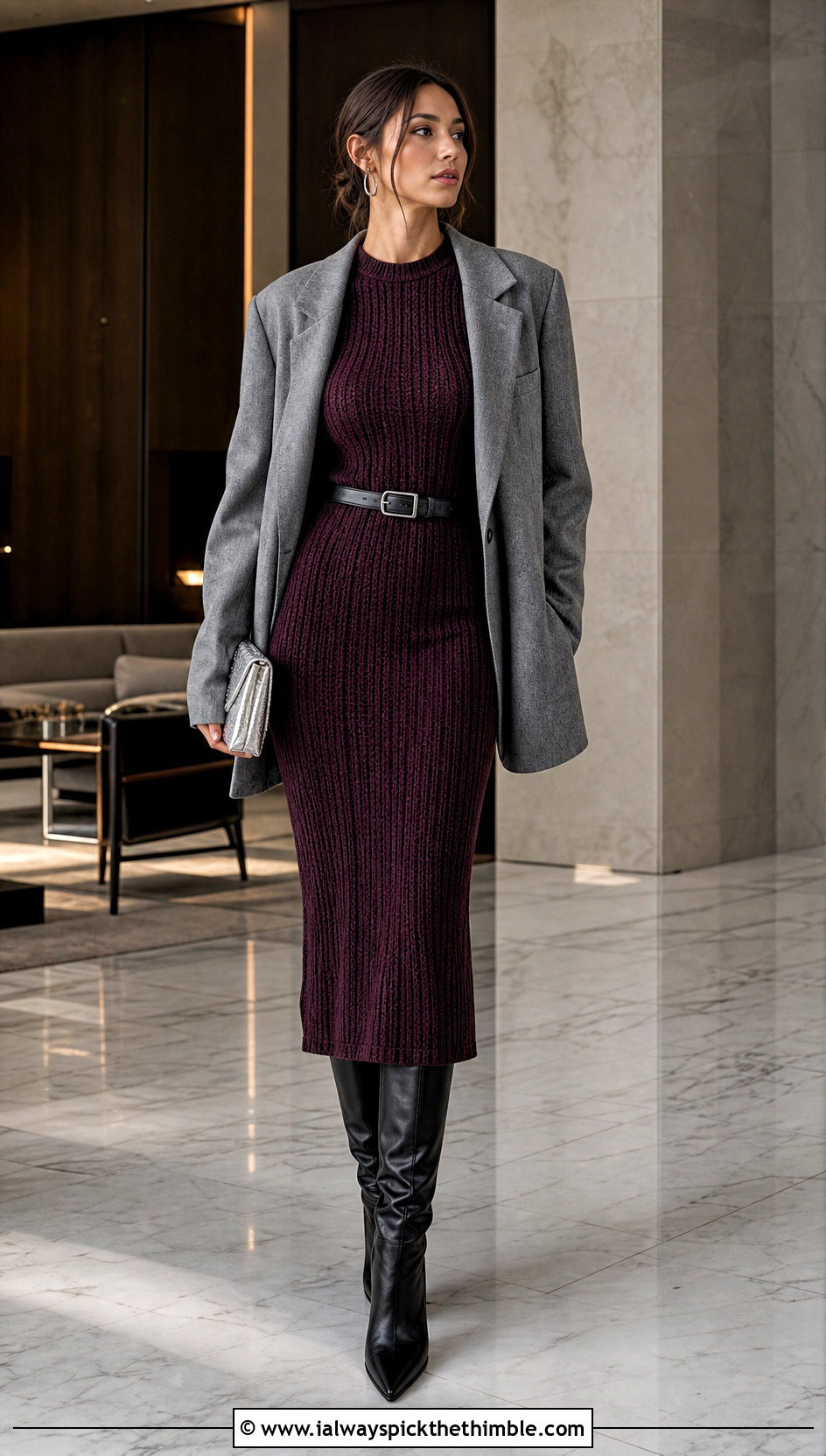 Ribbed Bodycon Crochet Winter Dress With Oversized Blazer - 25 crochet winter dress outfit ideas