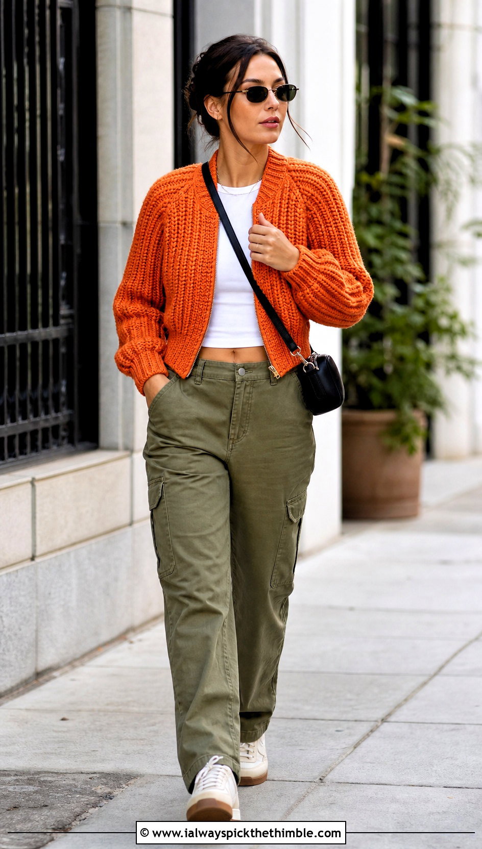Ribbed Bomber Chunky Crochet Cardigan With Cargo Pants - 15 Chunky Yarn Crochet Cardigan outfit ideas