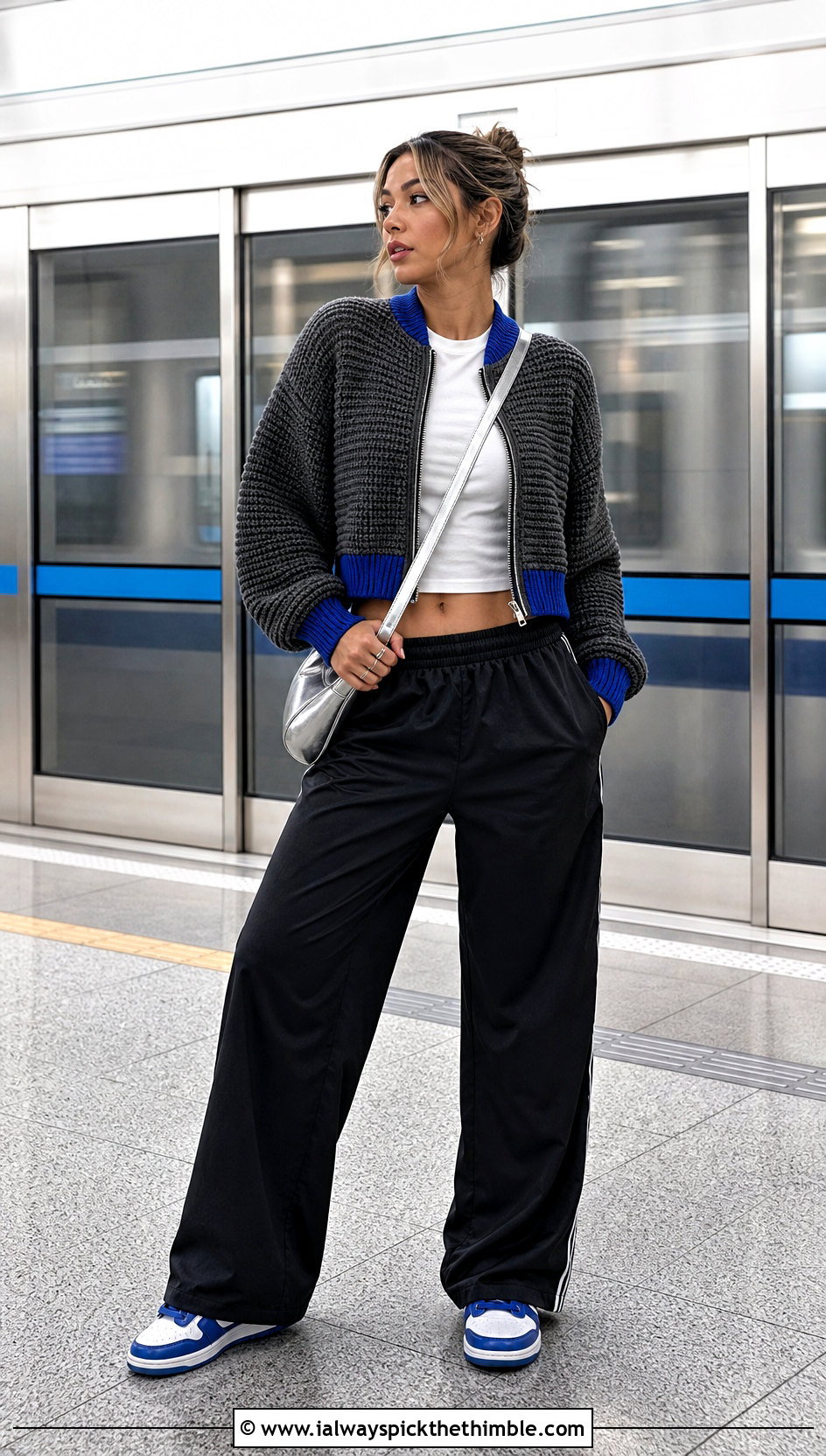 Ribbed Bomber Gray Crochet Cardigan With Track Pants - 15 Gray Crochet Cardigan outfit ideas