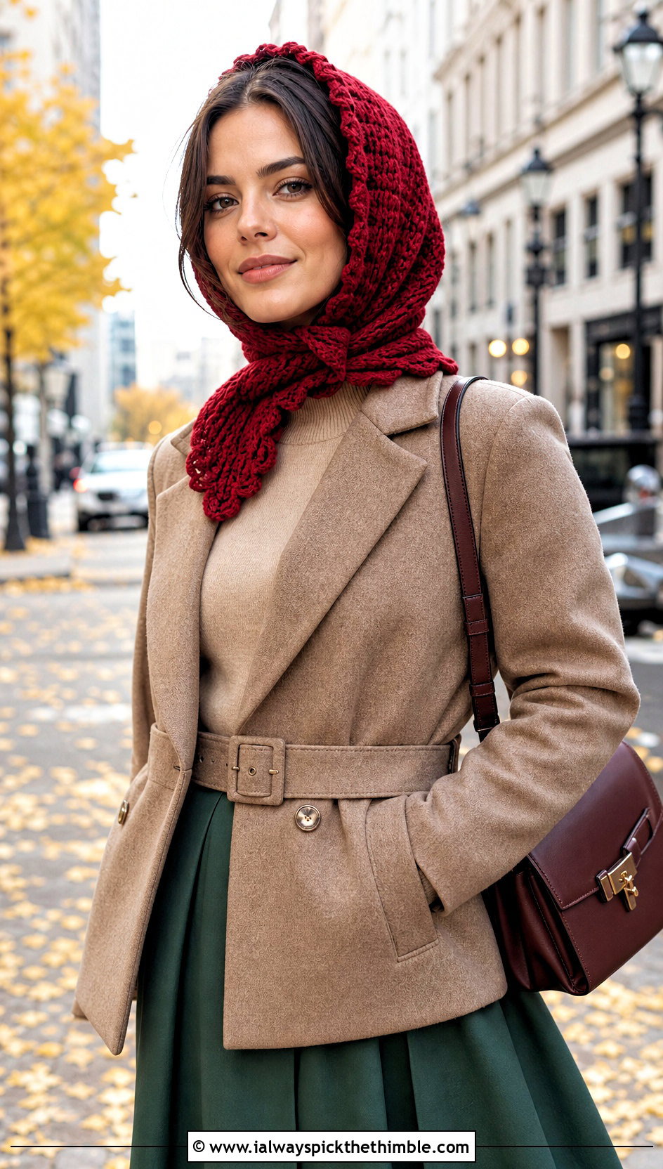 Ribbed Border Crochet Bandana Scarf With Sweater And Skirt - 25 crochet bandana scarf outfit ideas