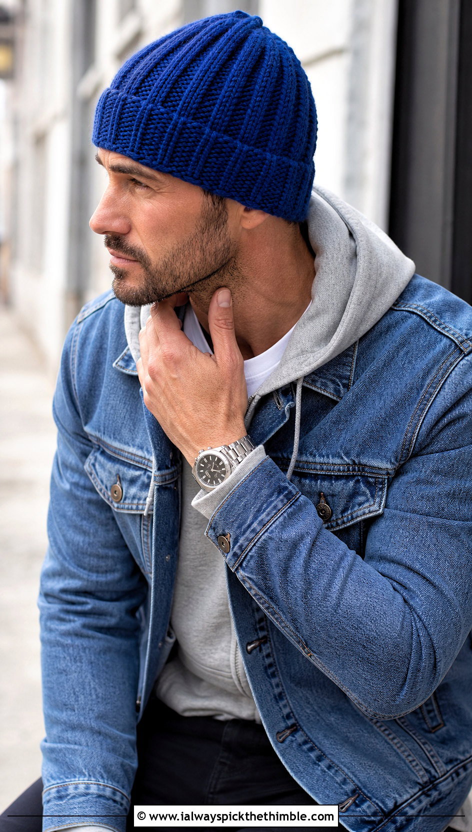 Ribbed Brawny Beanie With Denim Jacket - 15 brawny beanie men's crochet hat outfit ideas
