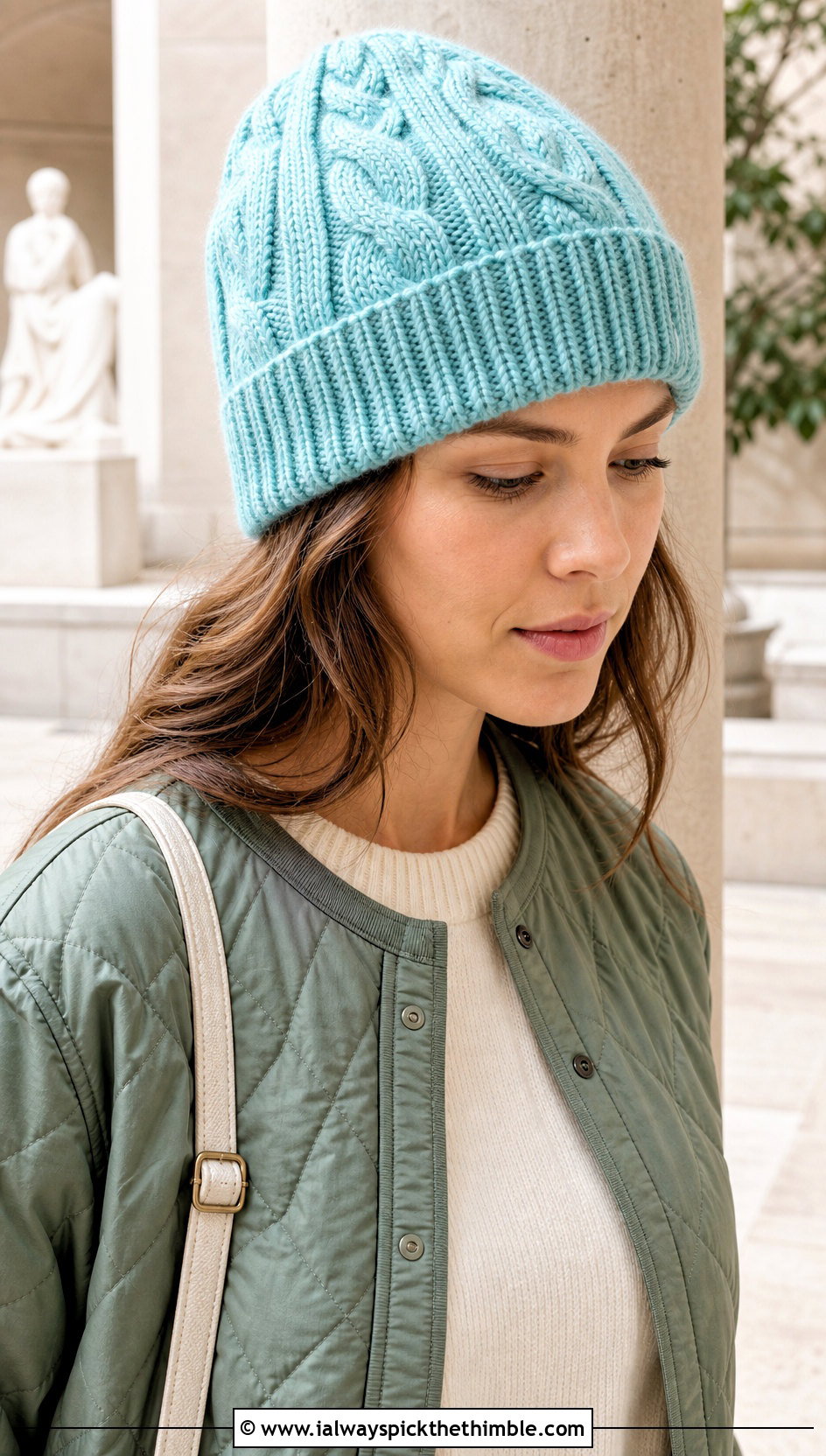 Ribbed Brim Cable Twist Hat With Quilted Jacket - 15 Crochet Cable Twist Hat outfit ideas