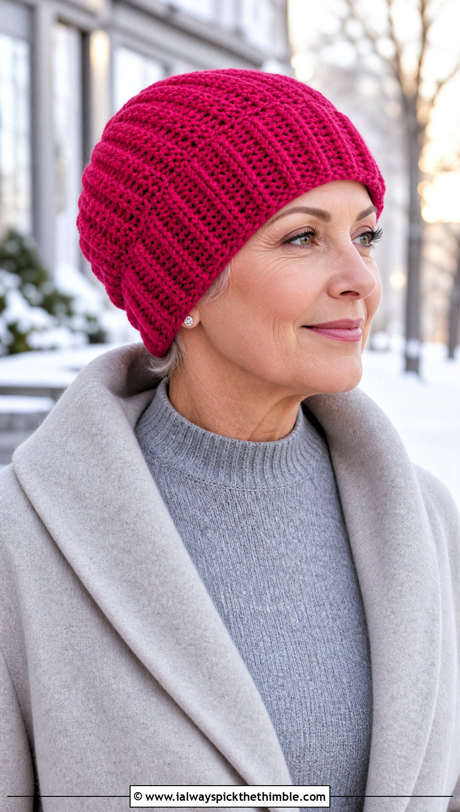 Ribbed Brim Crochet Chemo Cap With Sweater Dress - 25 crochet chemo caps outfit ideas