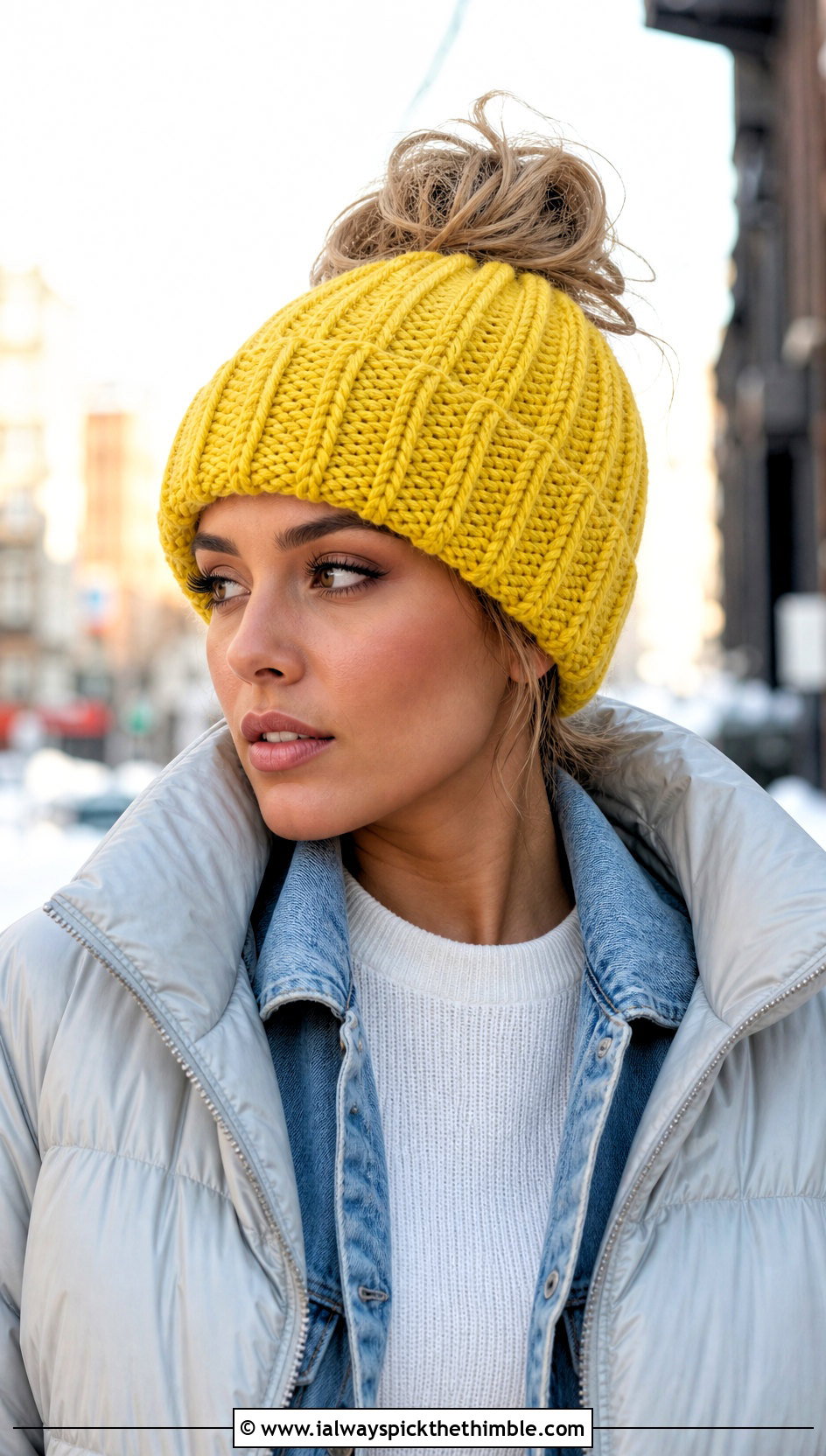 Ribbed Brim Crochet Messy Bun Hat With Puffer Jacket - 15 Easy Crochet Messy Bun Hat outfit ideas