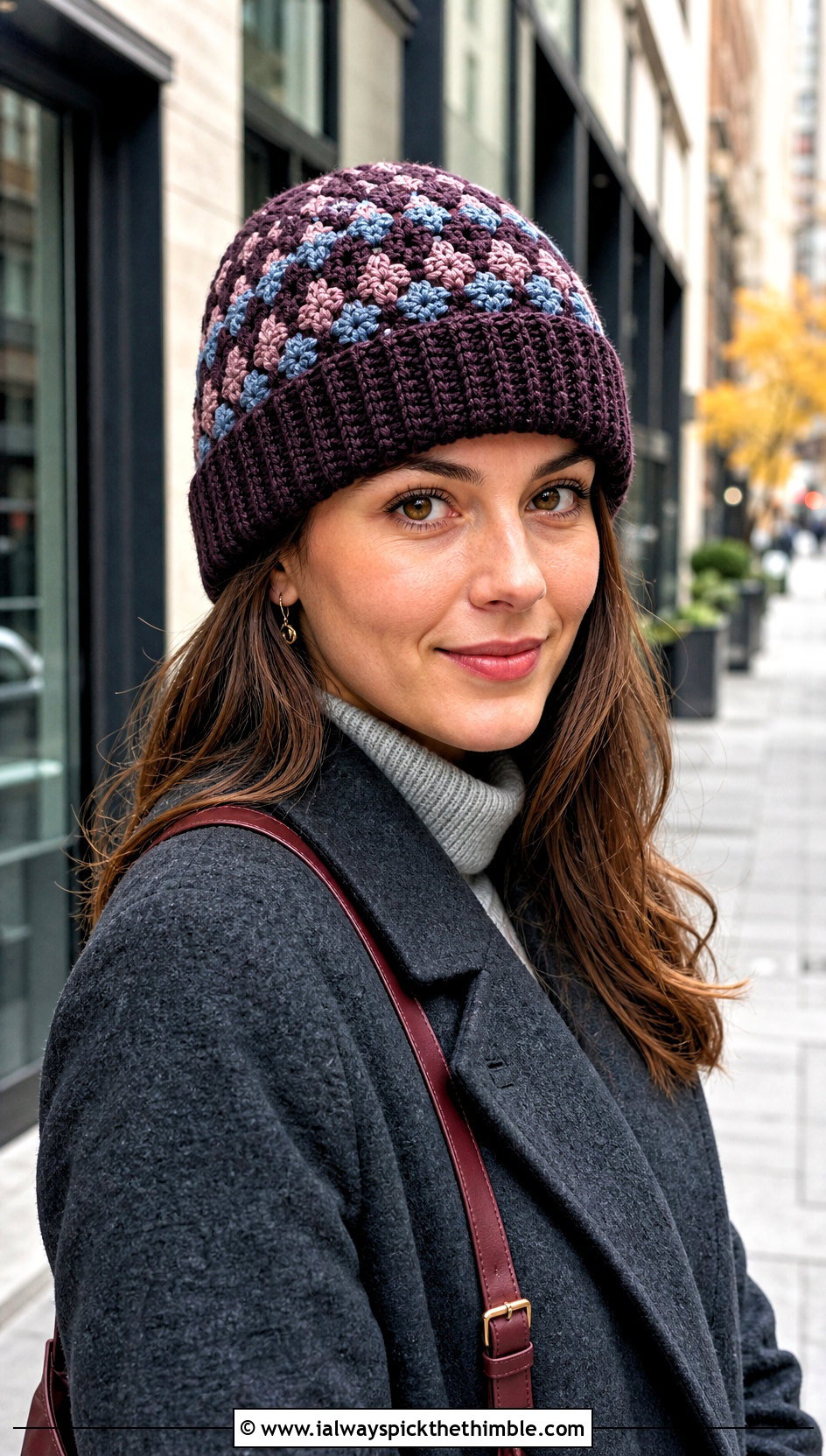 Ribbed Brim Diamond Fair Isle Beanie With Wool Coat - 20 Crochet Fair Isle Beanie outfit ideas