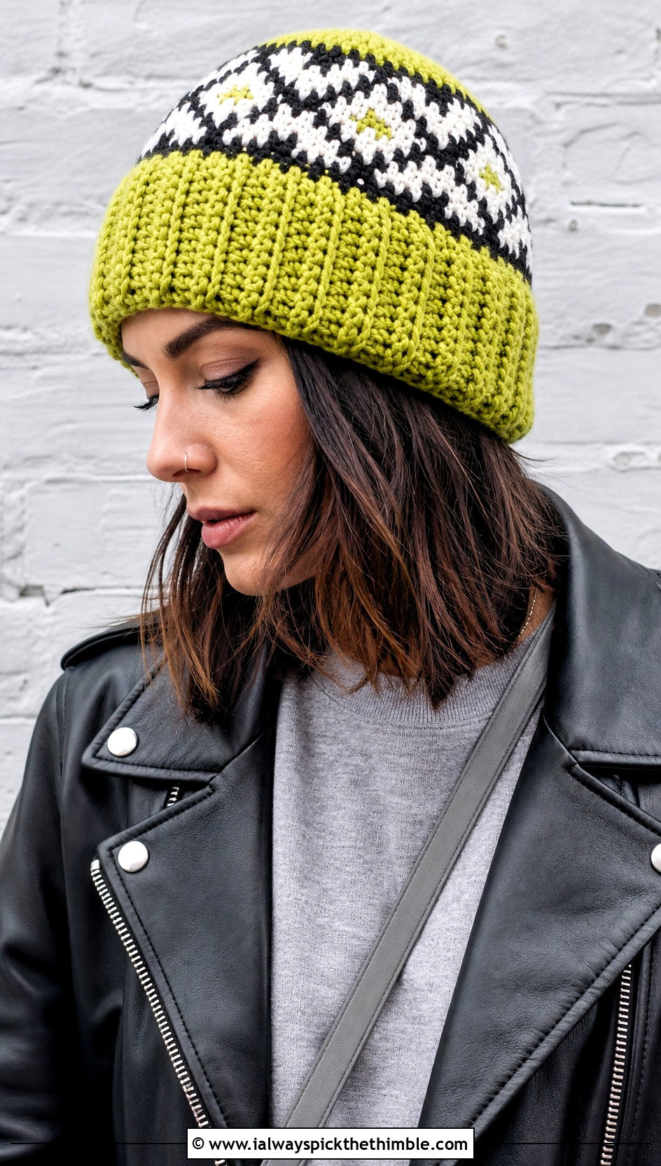 Ribbed Brim Fair Isle Crochet Beanie With Leather Jacket - 15 Fair Isle Crochet Beanie outfit ideas