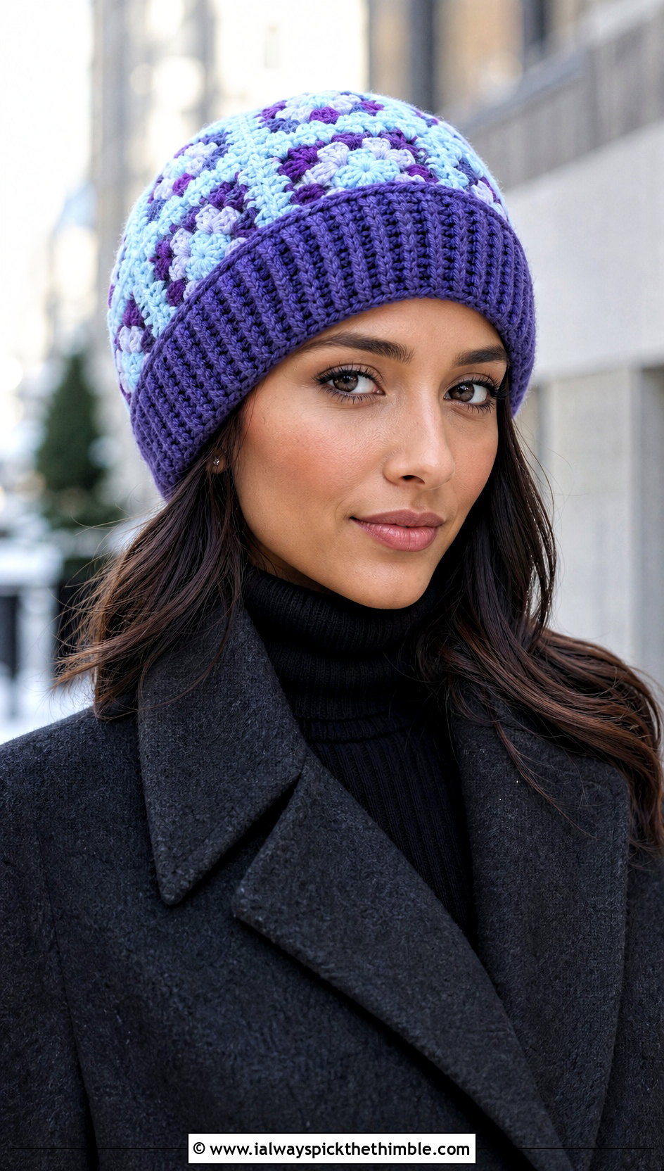 Ribbed Brim Granny Square Beanie With Wool Coat - 20 granny square beanie outfit ideas