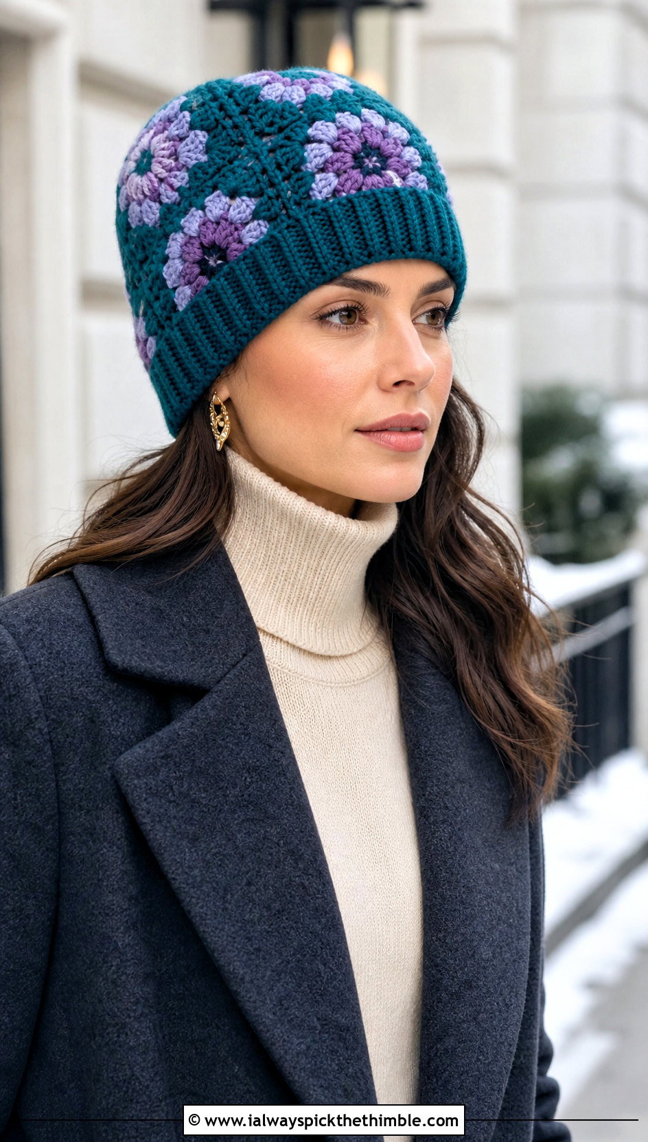 Ribbed Brim Granny Square Beanie With Wool Coat - 25 crochet granny square beanie outfit ideas
