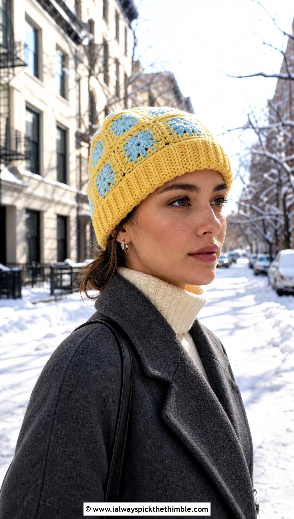 Ribbed Brim Granny Square Crochet Beanie With Wool Coat - 20 granny square crochet beanie outfit ideas