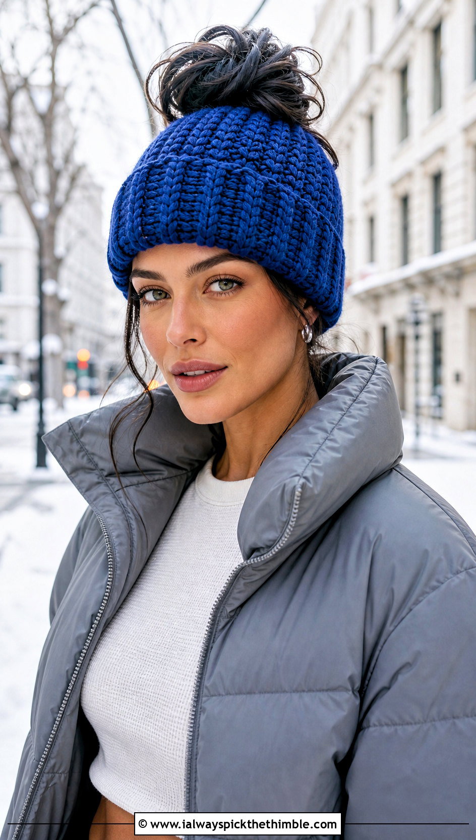 Ribbed Brim Messy Bun Crochet Hat With Puffer Jacket - 25 crochet messy bun hat outfit ideas