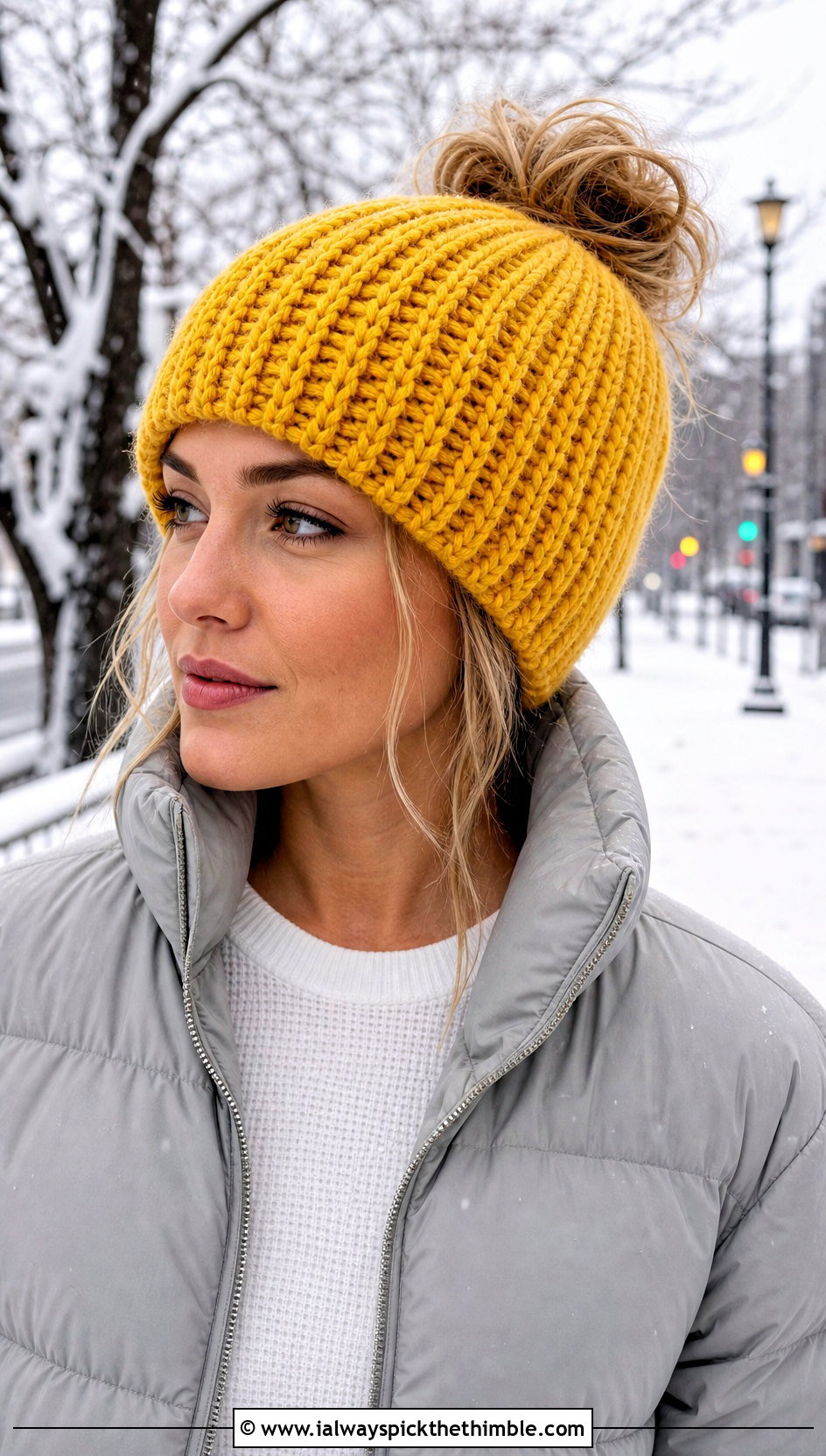 Ribbed Brim Messy Bun Crochet Hat With Puffer Jacket - 20 Messy Bun Crochet Hat outfit ideas