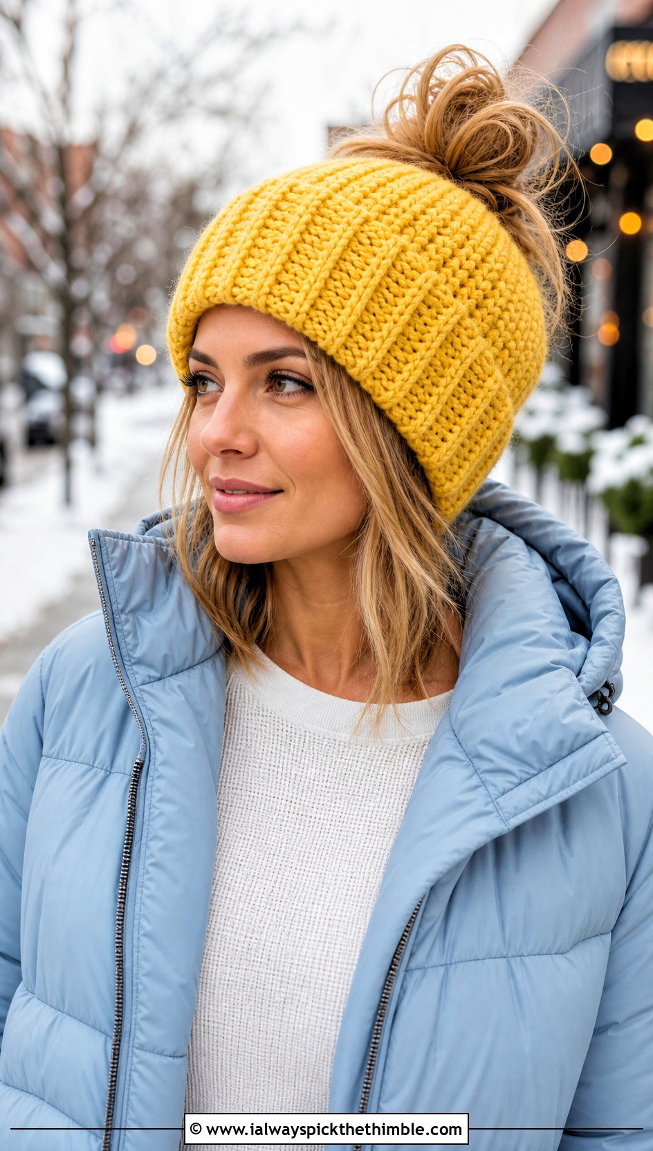 Ribbed Brim Messy Bun Hat With Puffer Jacket And Jeans - 25 crochet bun hat outfit ideas
