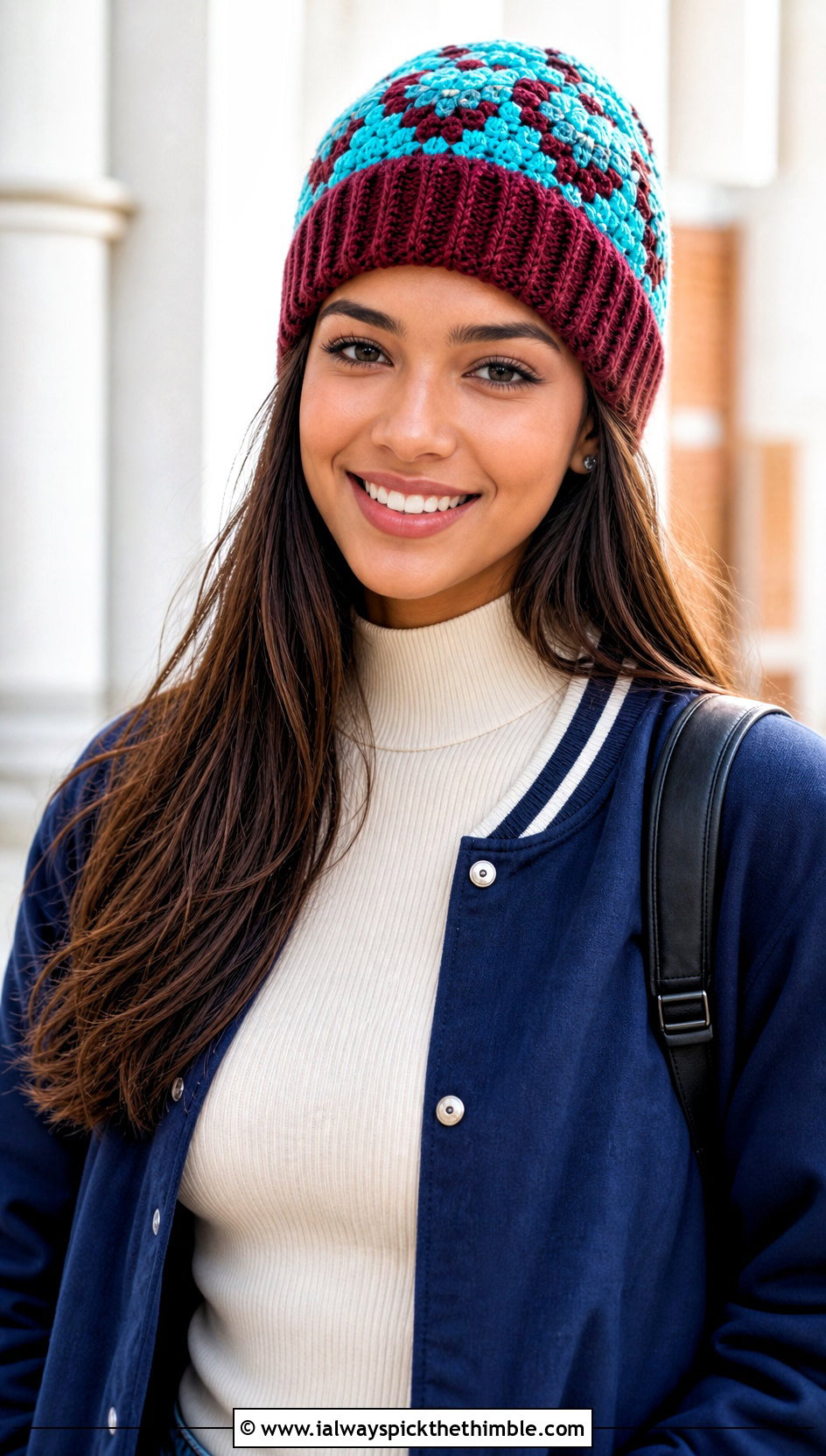 Ribbed Brim Mosaic Crochet Beanie With Varsity Jacket - 20 Mosaic Crochet Beanie outfit ideas