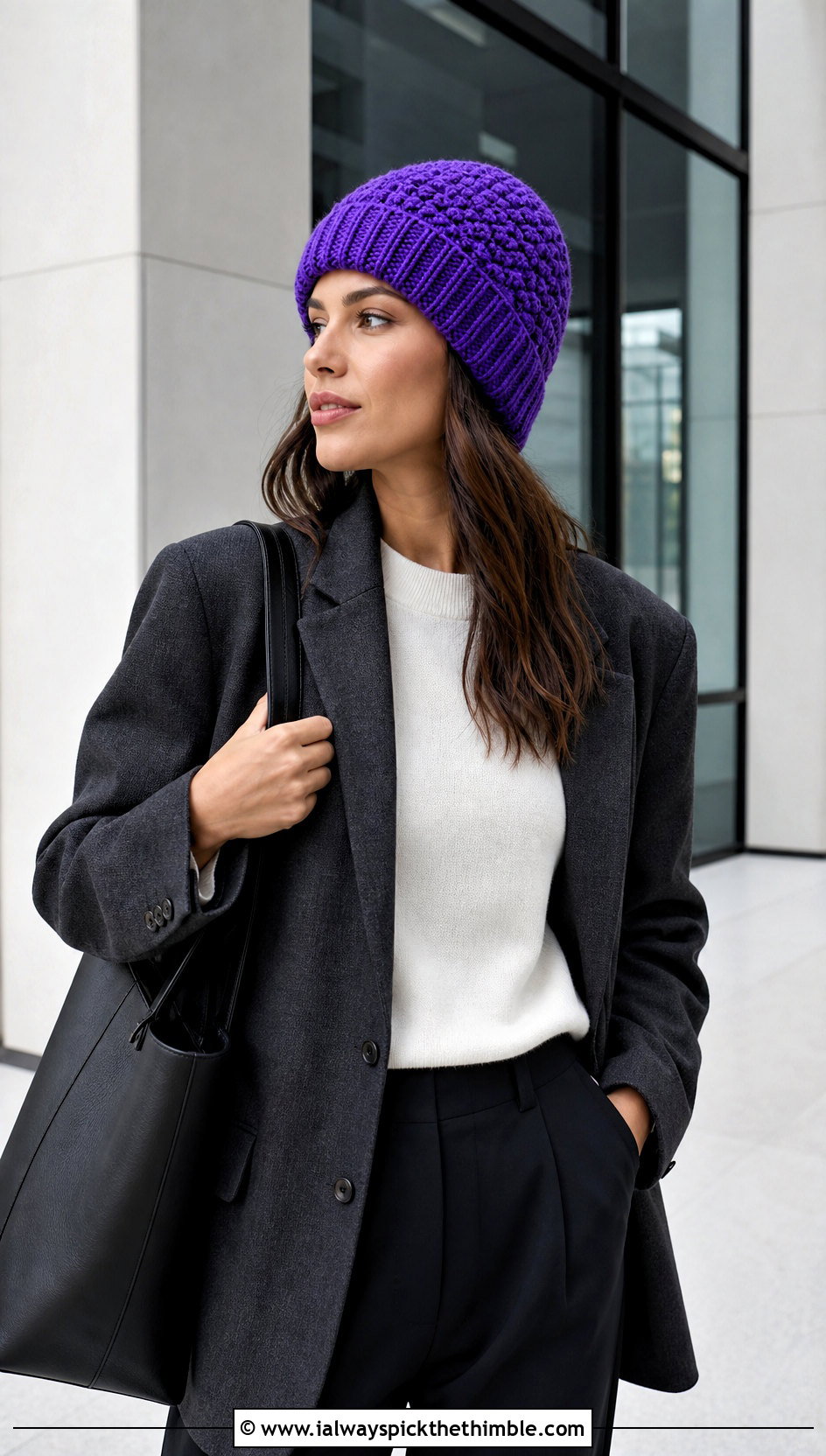 Ribbed Brim Moss Stitch Beanie With Blazer and Trousers - 20 Crochet Moss Stitch Beanie outfit ideas