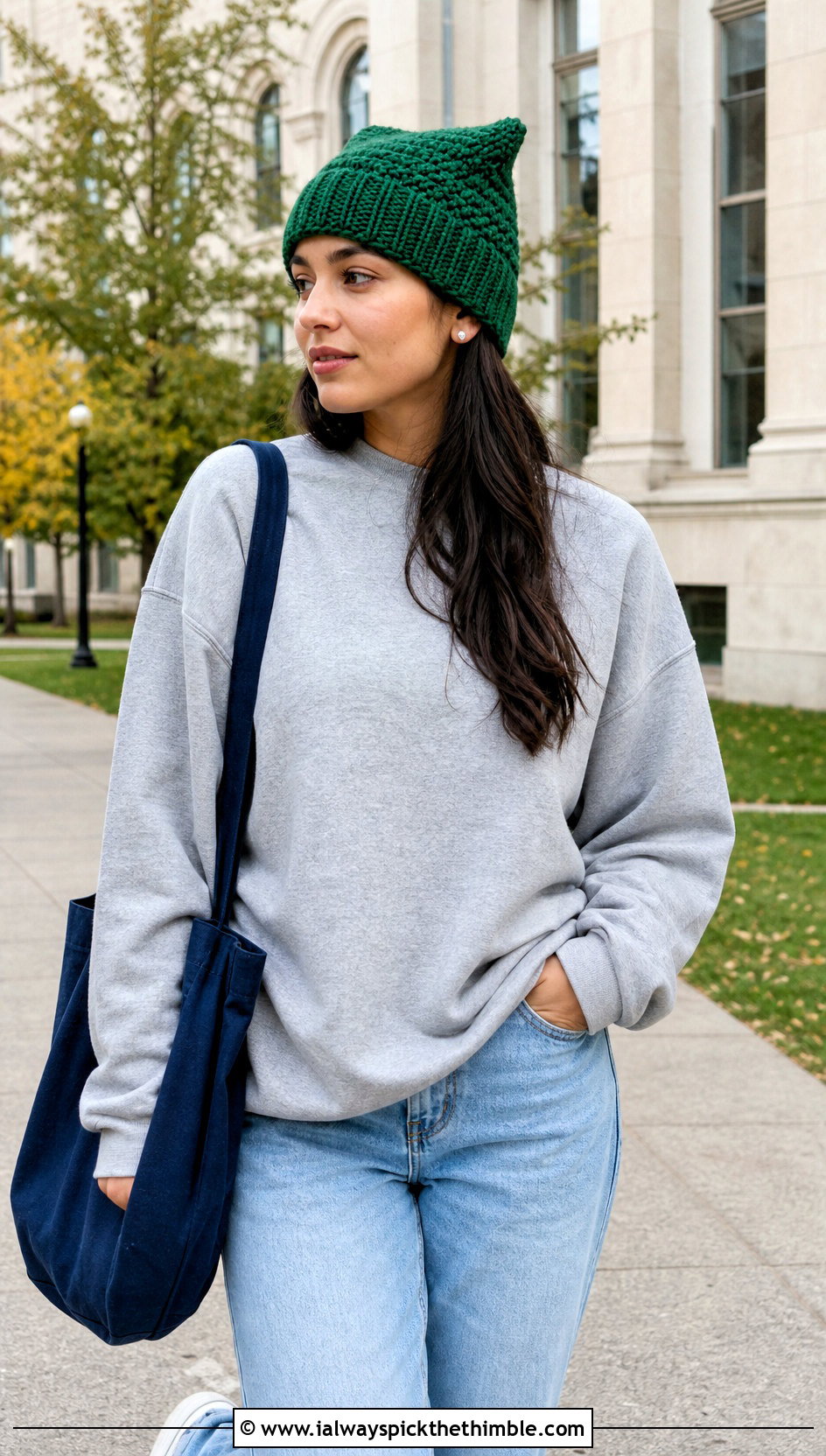 Ribbed Brim Square Crochet Beanie With Sweatshirt And Jeans - 20 square crochet beanie outfit ideas
