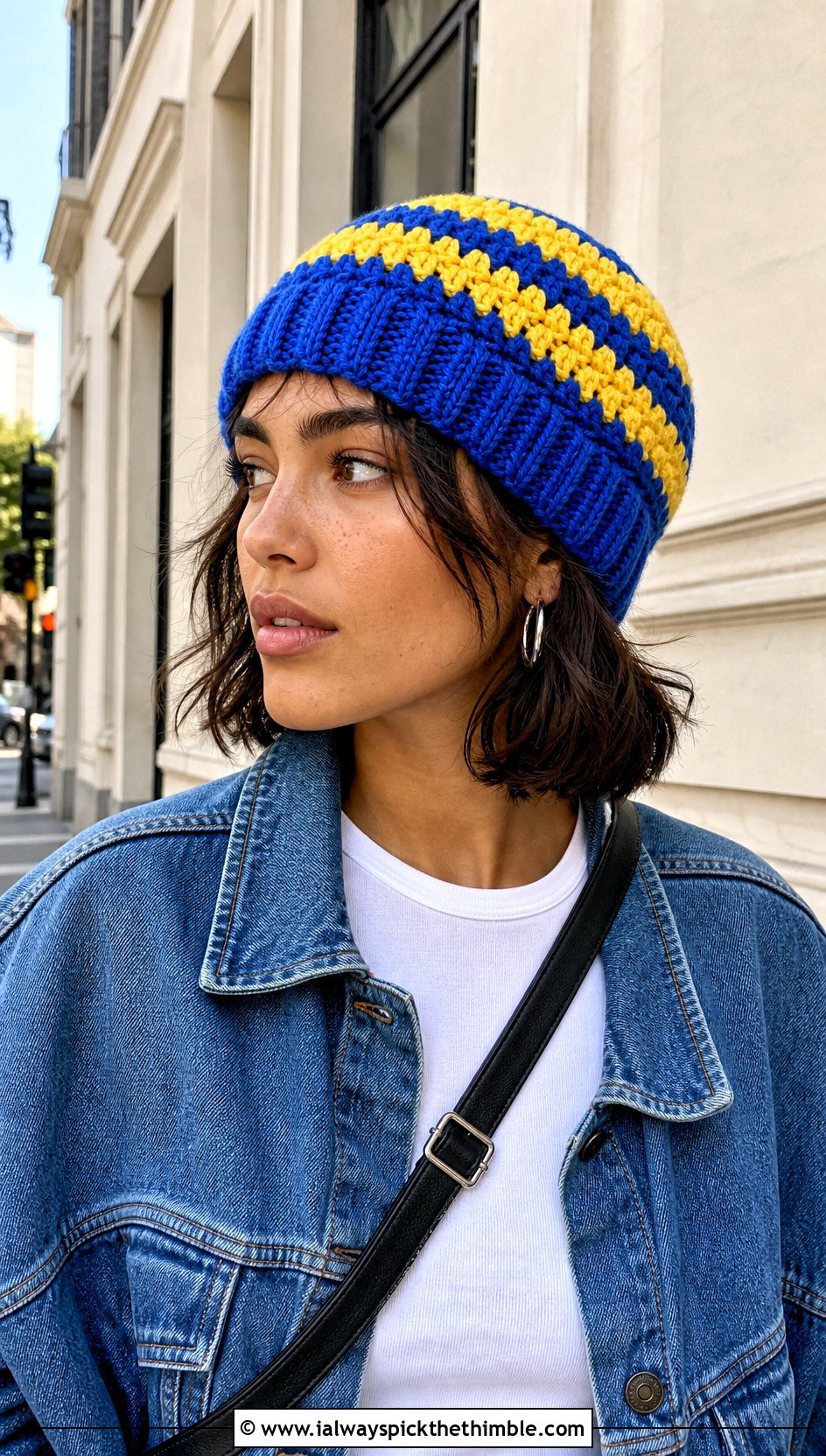 Ribbed Brim Wide Stripe Crochet Beanie With Denim Jacket - 20 striped crochet beanie outfit ideas