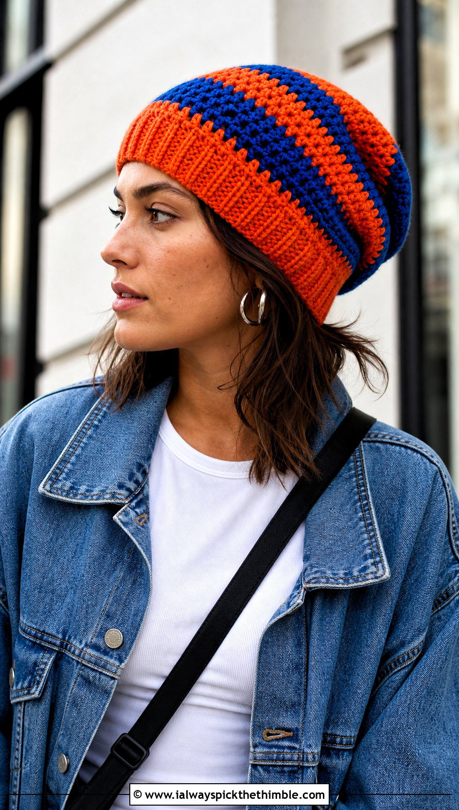 Ribbed Brim Wide Stripe Slouchy Crochet Beanie With Denim Jacket - 15 Striped Slouchy Crochet Beanie outfit ideas