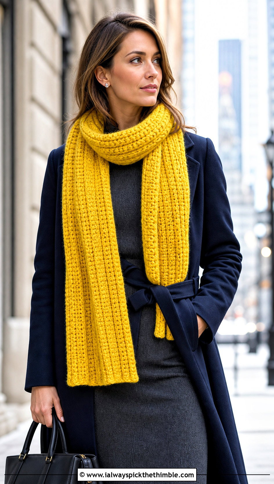 Ribbed Bulky Crochet Scarf With Sweater Dress - 20 bulky crochet scarf outfit ideas