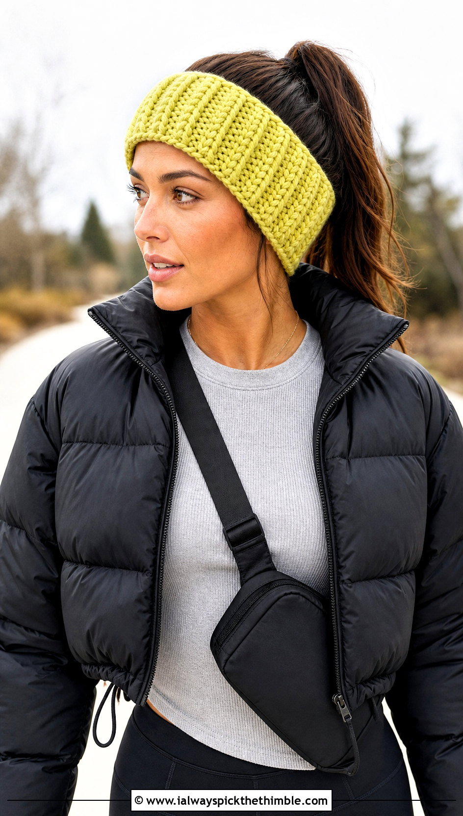 Ribbed Bulky Yarn Crochet Headband With Puffer Jacket - 20 bulky yarn crochet headband outfit ideas