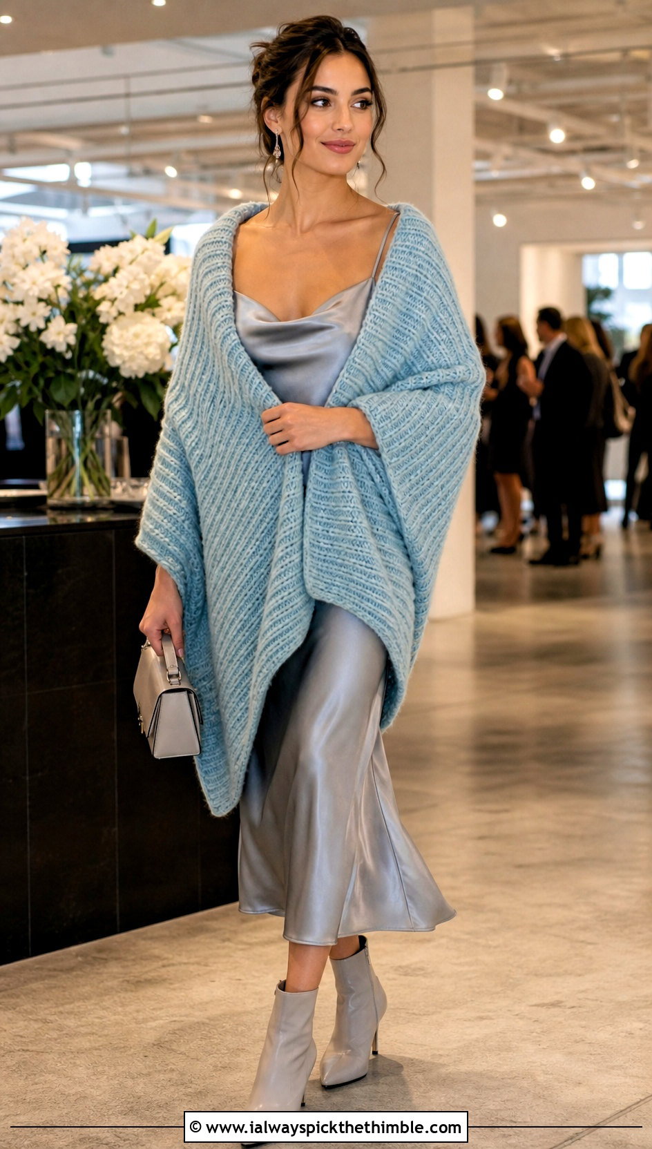 Ribbed Bulky Yarn Crochet Shawl With Slip Dress - 20 Bulky Yarn Crochet Shawl outfit ideas