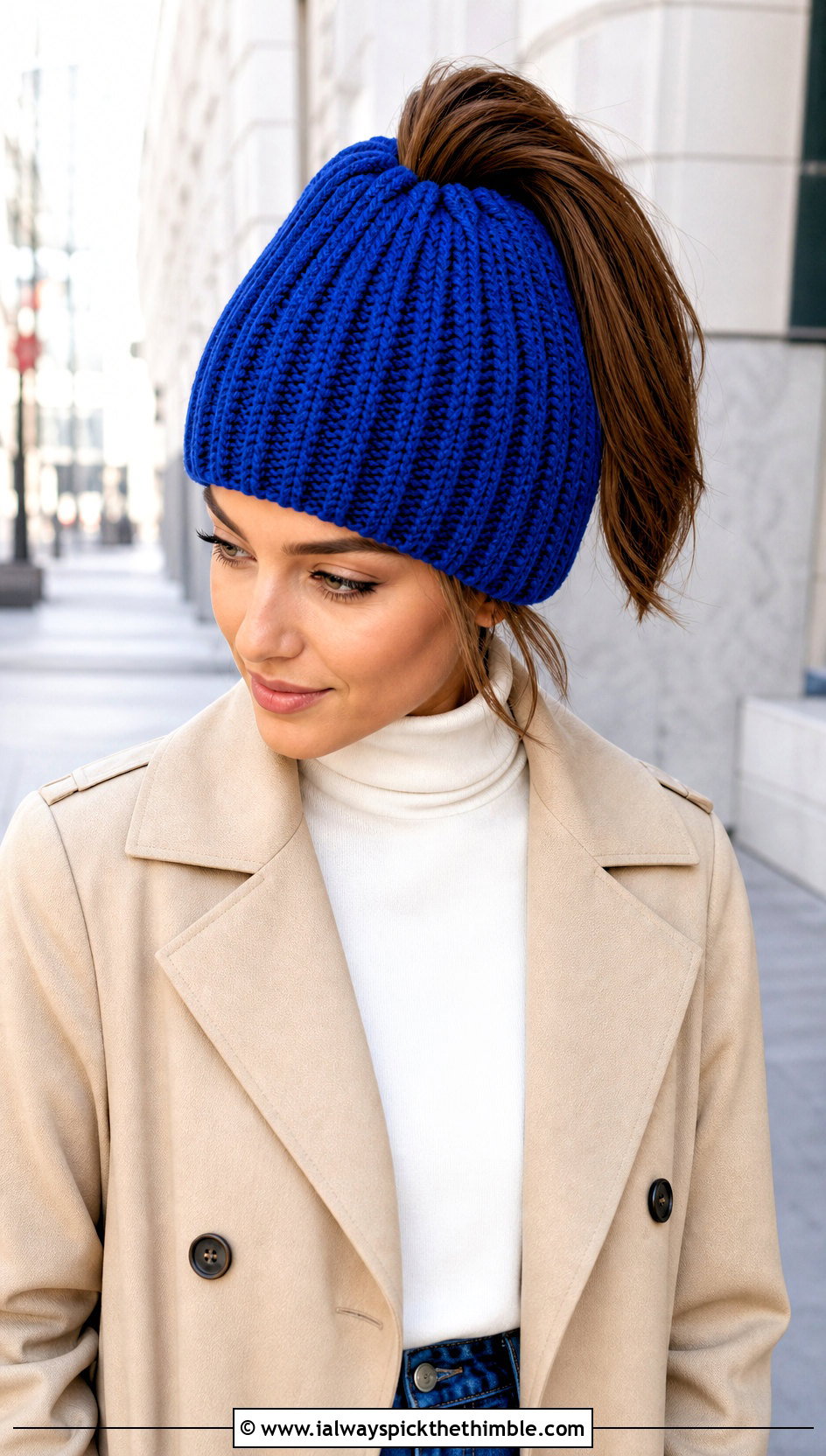 Ribbed Bun Crochet Beanie With Trench Coat And Jeans - 20 Bun Crochet Beanie outfit ideas