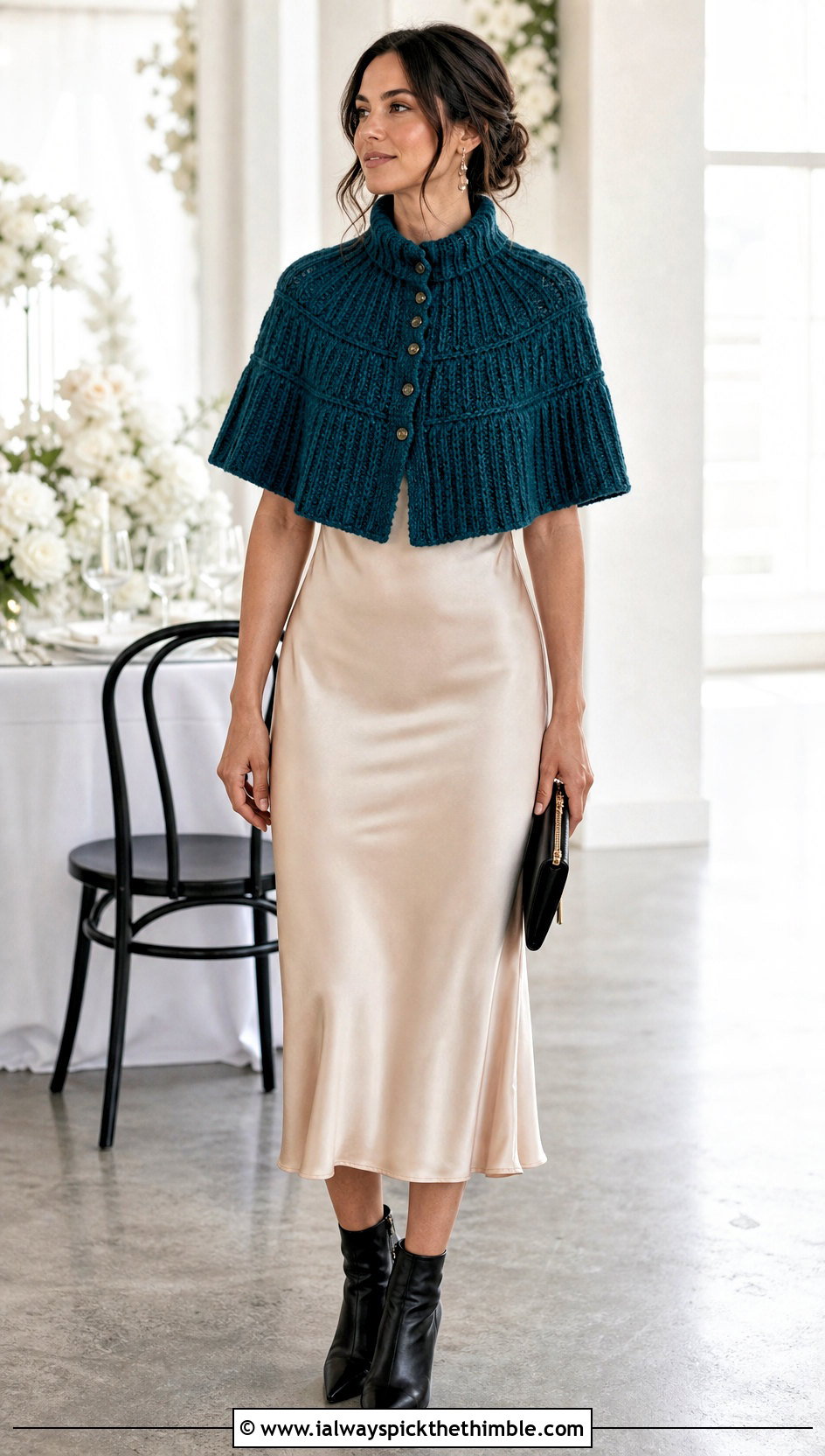 Ribbed Button Capelet With Satin Slip Dress - 15 Outlander Crochet Capelet outfit ideas
